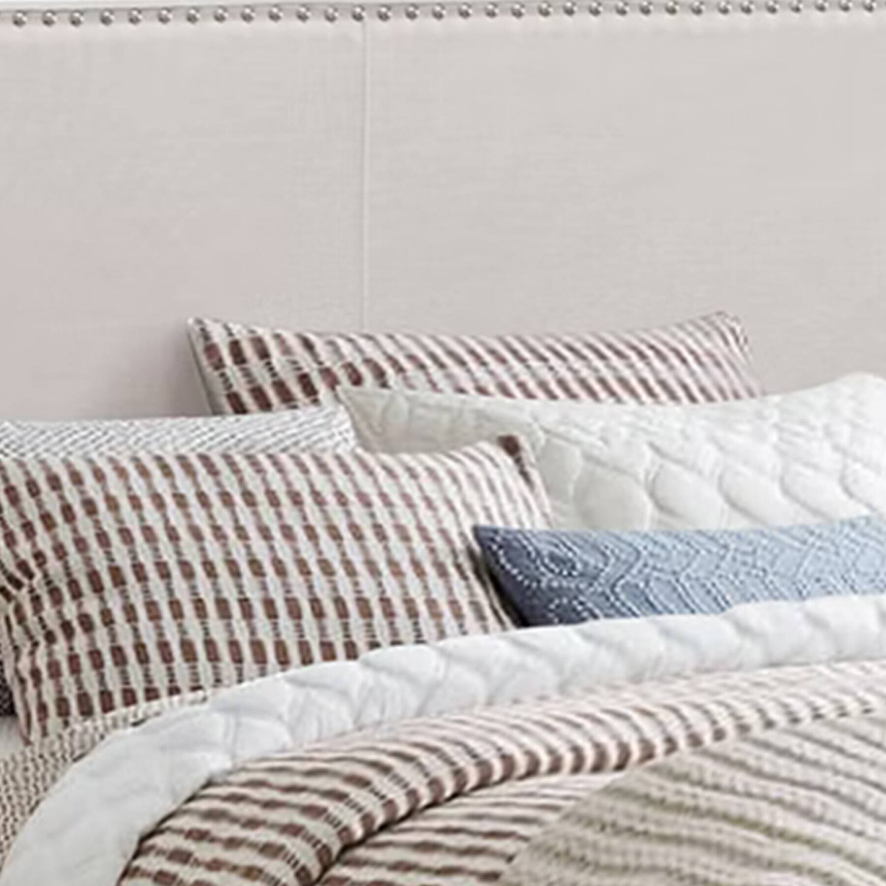 Alt View 2. Manhattan Lane - Fabric Upholstered Queen Size Platform Bed with Nail Head Trim - Ivory.