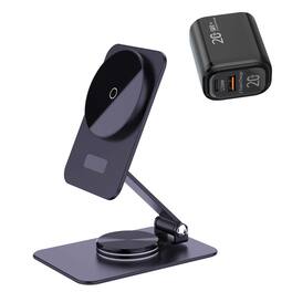 RISOKEYS - Aluminum 15W Wireless Charger - Alloy Foldable 360° Rotating Damper, Magnetic Stand for Apple Phones - Black