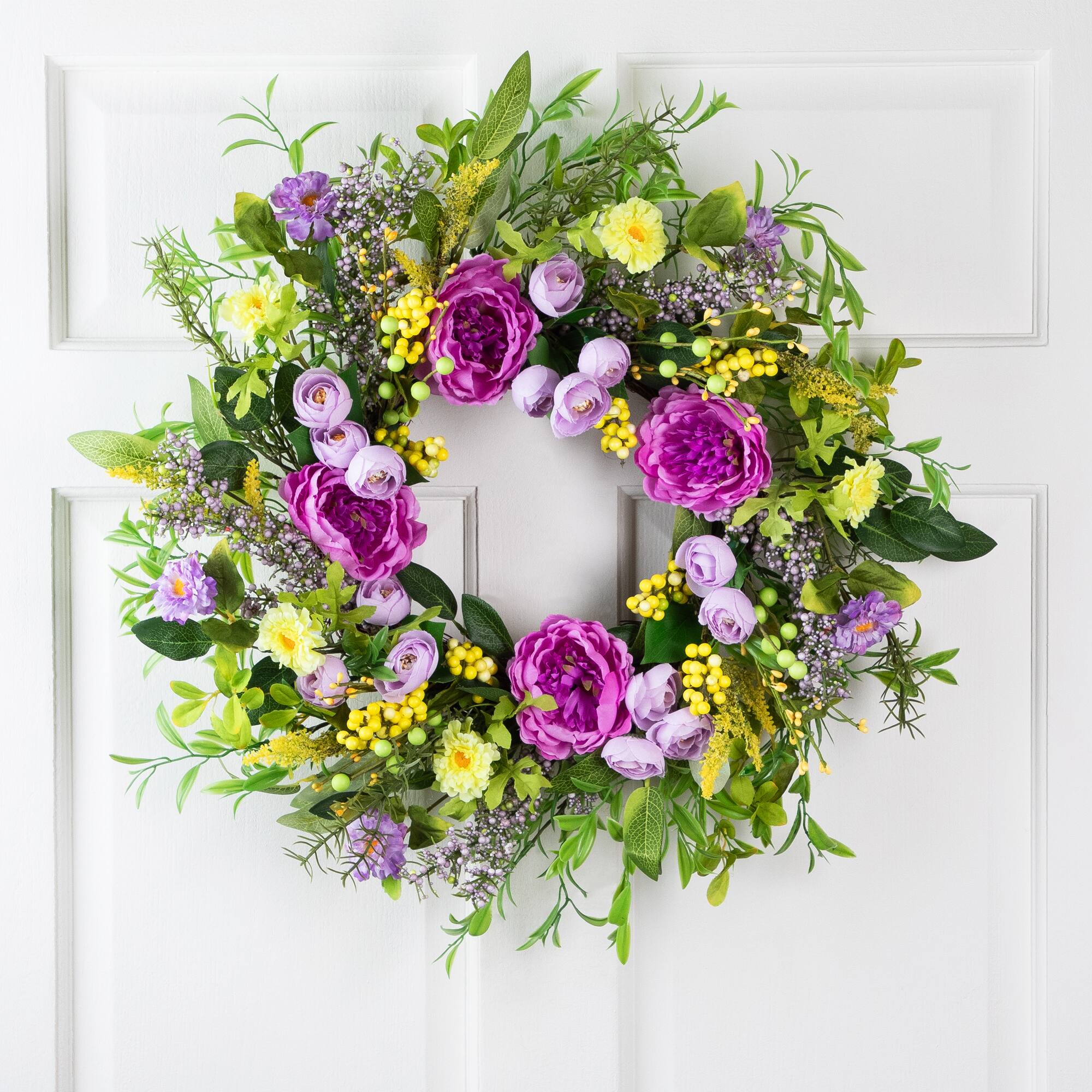Front. Northlight - Peony Mixed Floral Springtime Wreath - 24" - Purple and Yellow - Purple.