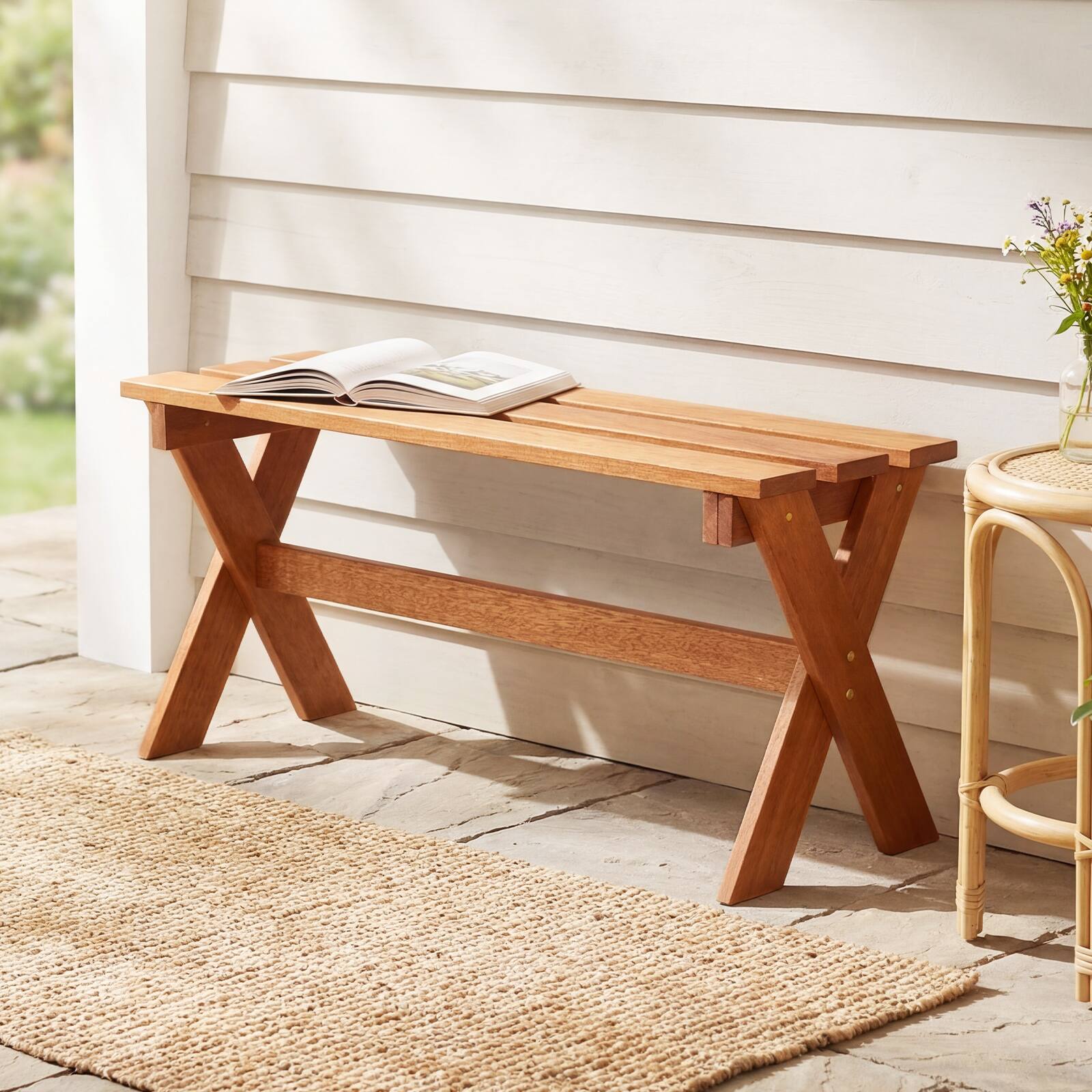Alt View 1. Gymax - Gymax 36'' Outdoor Solid Wood Bench Set of 2 w/Teak Oil Finish & Slatted Seat for Porch - Brown.