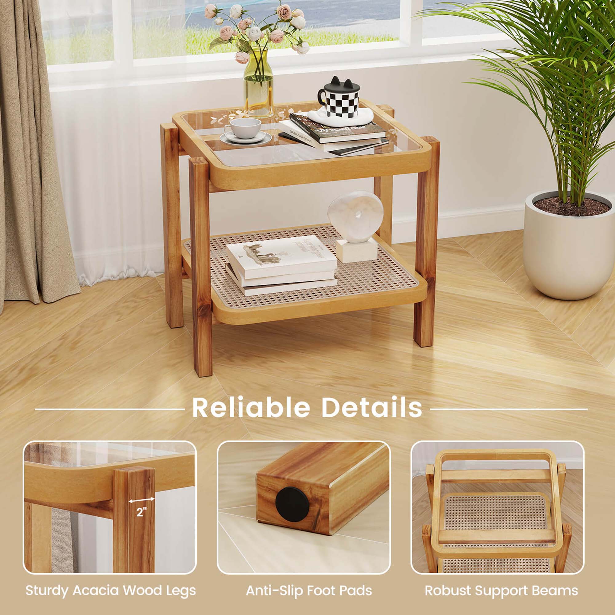 Reliable Details: 2" Sturdy Acacia Wood Legs, Anti-Slip Foot Pads, Robust Support Beams.