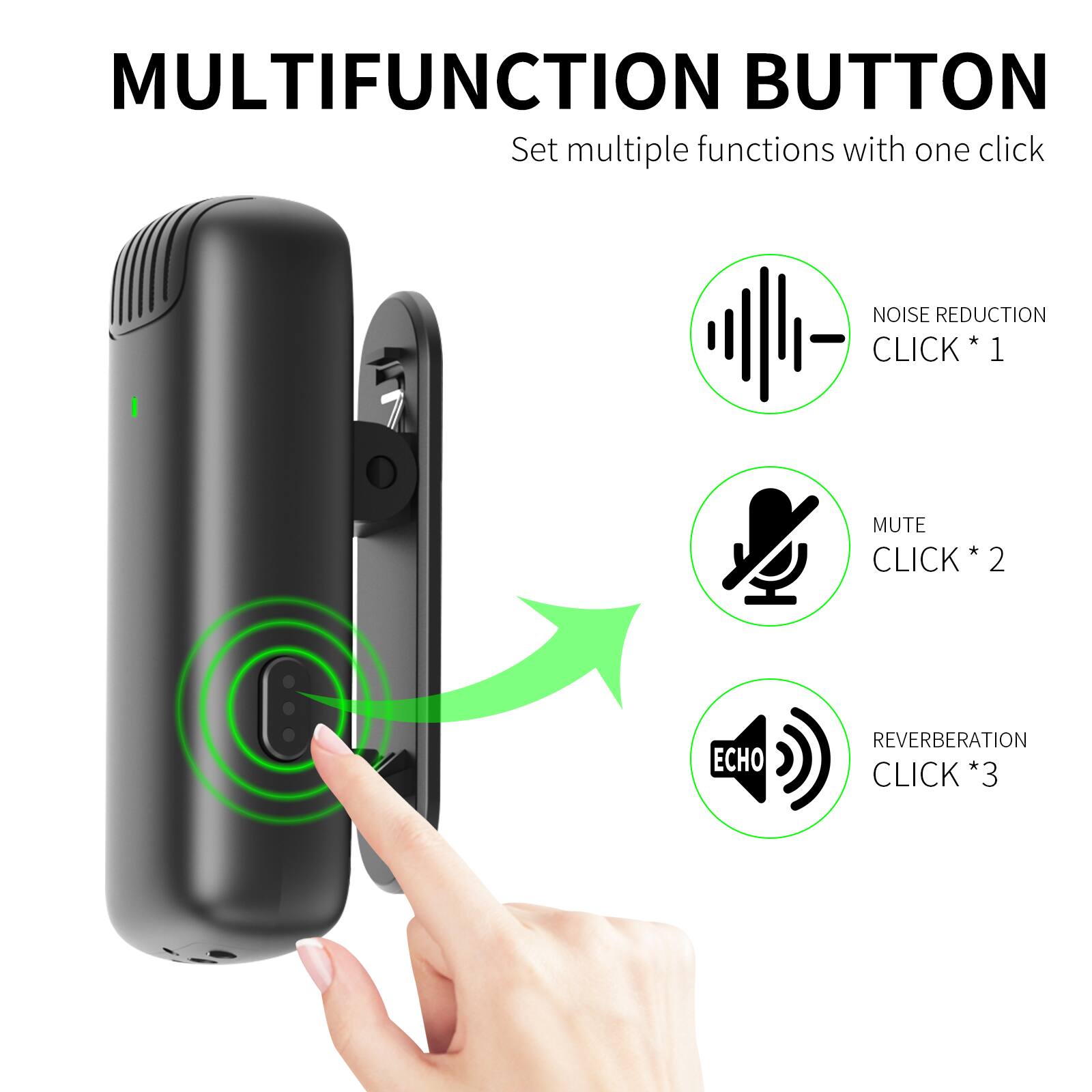 MULTIFUNCTION BUTTON  
Set multiple functions with one click

- NOISE REDUCTION  
  CLICK * 1

- MUTE  
  CLICK * 2

- REVERBERATION  
  CLICK * 3