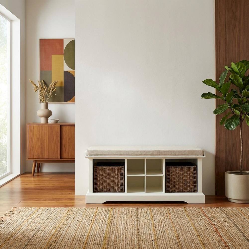 Alt View 4. FurniFact - White Entryway Storage Bench - White.