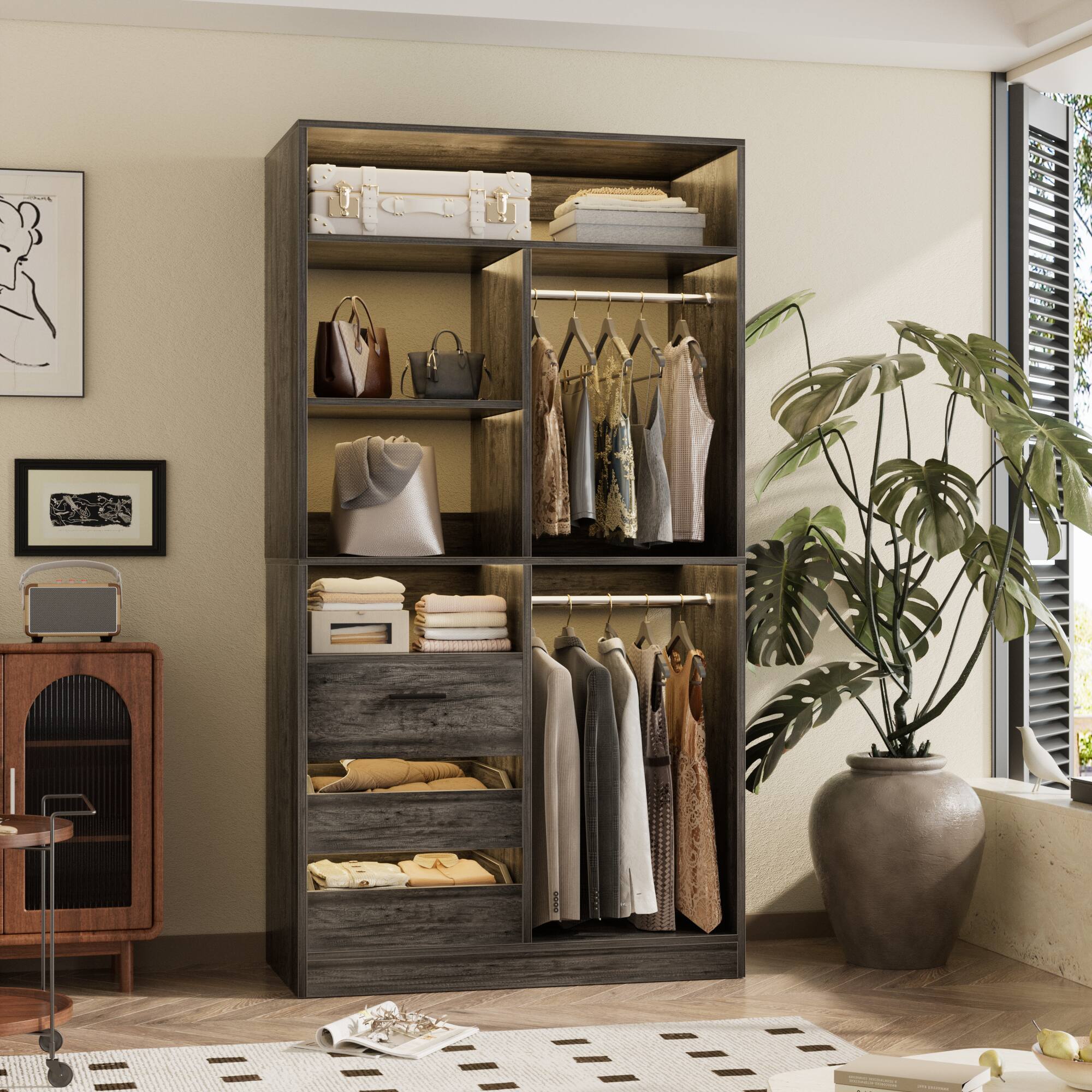 Back. Aheaplus - 36" Wood Modular Walk-in Freestanding Closet Organizer: Closed/Half-Open Drawers, 6 Shelves (36" L x 15" W x 80" H) - Gray Oak.