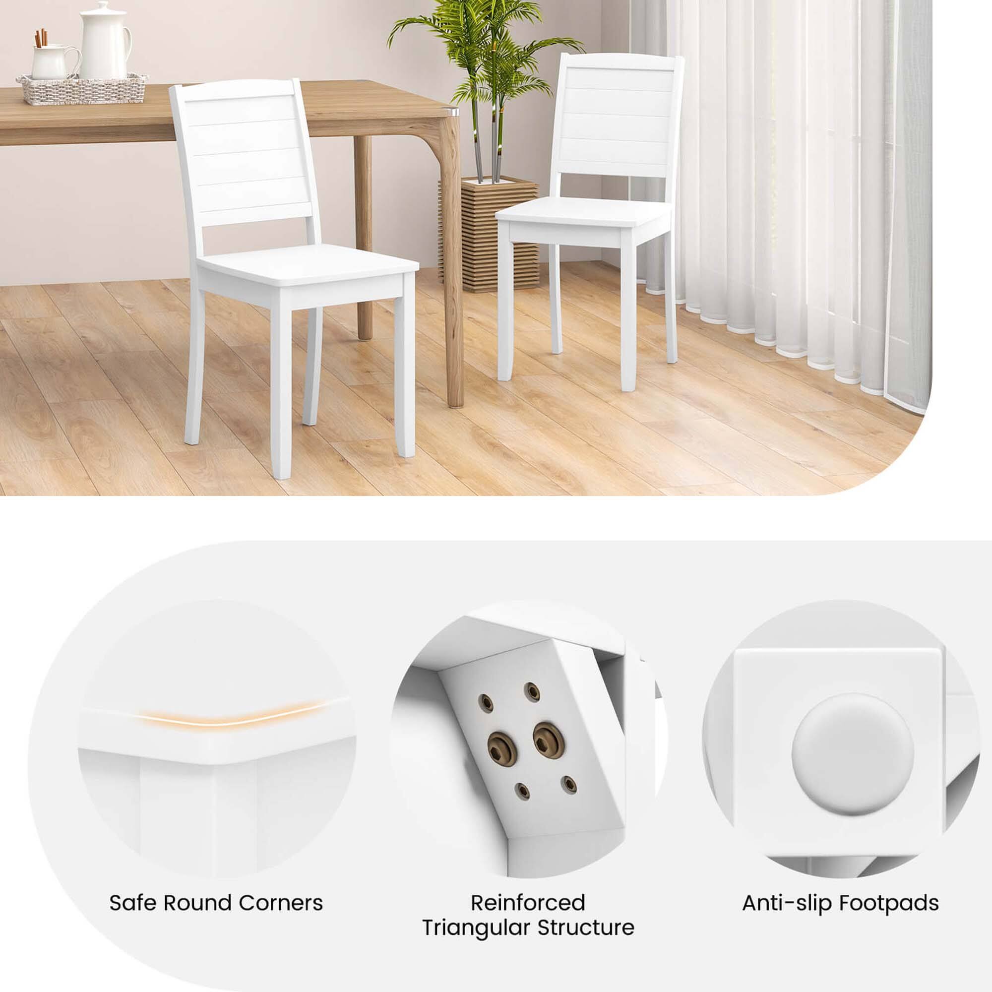 The text on the image is grouped as follows:

1. Safe Round Corners: This refers to the rounded edges of the table and chairs, which can prevent accidents and injuries.
2. Reinforced Triangular Structure: This refers to the design of the table and chairs, which features a triangular structure that adds stability and durability.
3. Anti-slip Footpads: These are the footpads on the chairs, which provide additional grip and prevent slipping on the floor.