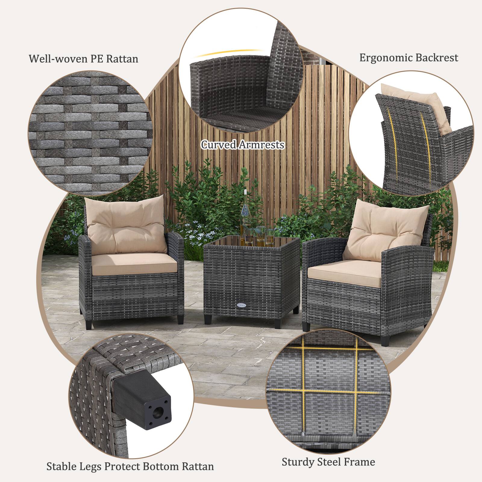 Well-woven PE Rattan  
Ergonomic Backrest  
Curved Armrests  
Stable Legs Protect Bottom Rattan  
Sturdy Steel Frame