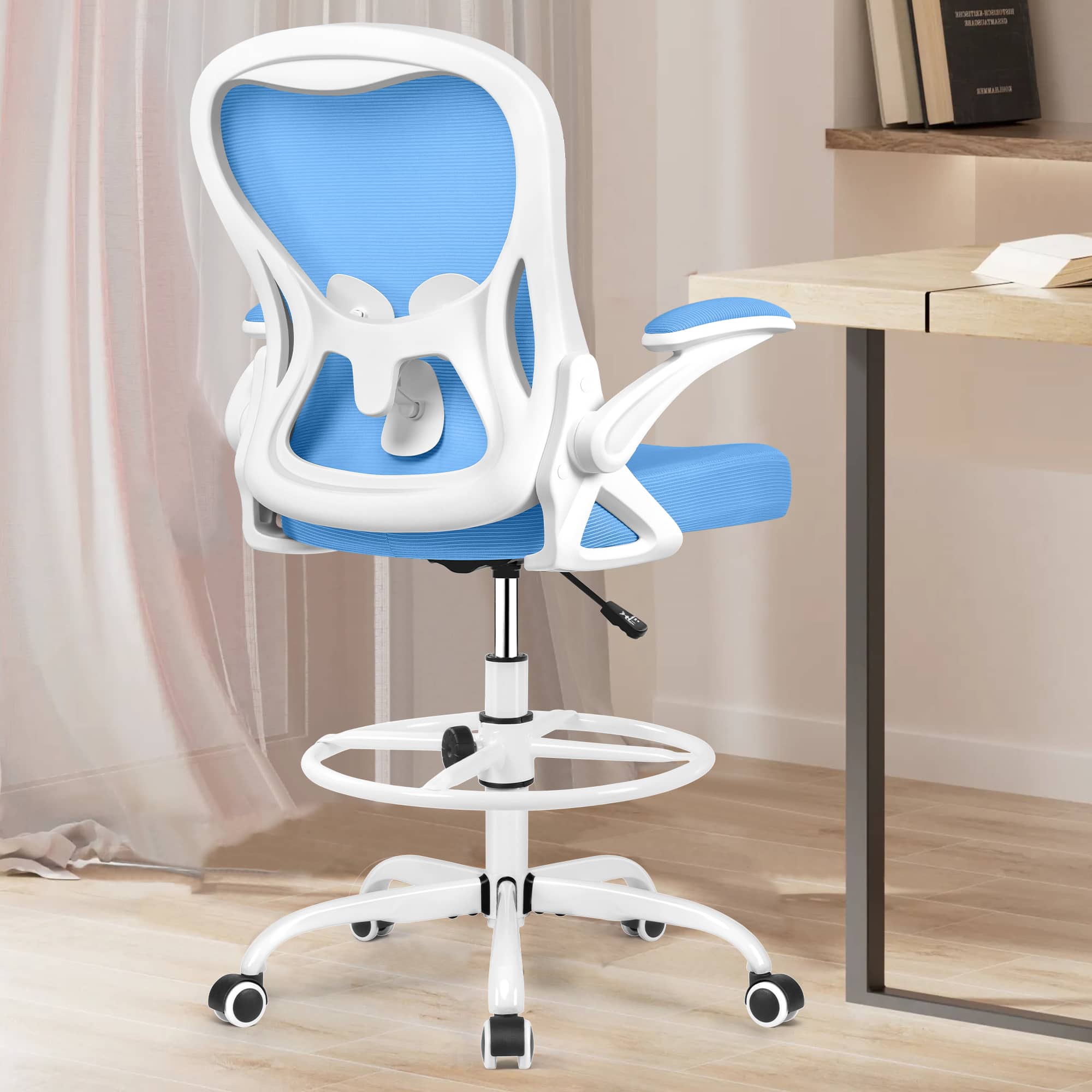 Brick Attic - Drafting Chair, Tall Office Chair Ergonomic Desk Chair, Task Rolling Chair with Adjustable Flip-up Armrests Foot Ring - Sky Blue