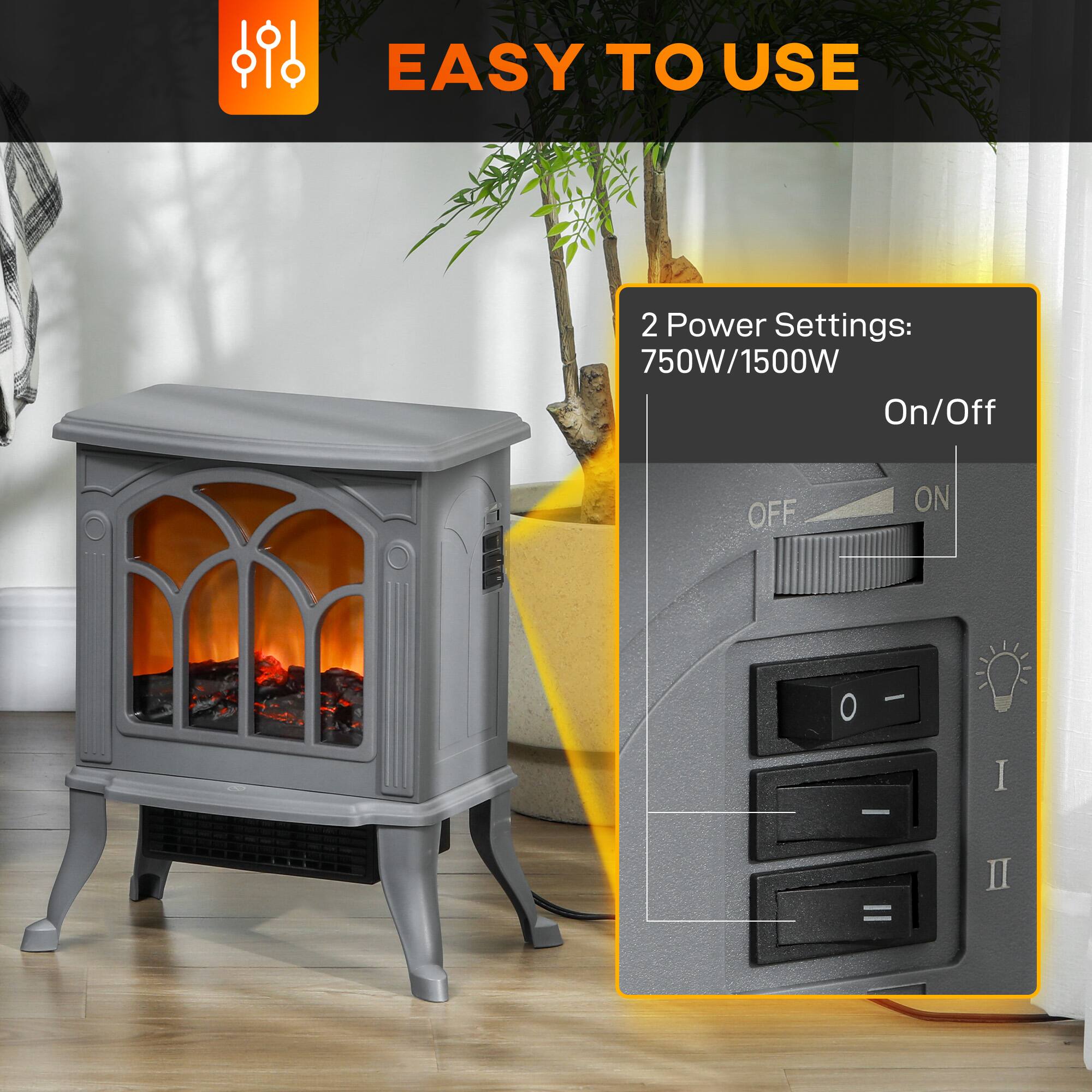 EASY TO USE

2 Power Settings: 750W/1500W

On/Off

OFF ON

I II