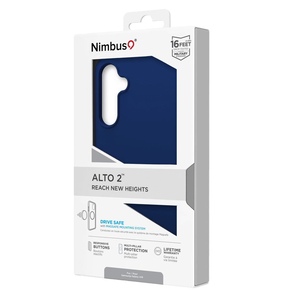 Nimbus  
(4.9%) 16 FEET DROP-TESTED MILITARY STANDARD  
ALTO 2% REACH NEW HEIGHTS  
DRIVE SAFE with MAGSAFE MOUNTING SYSTEM  
Conduisez en toute sécurité avec le système de montage MagSafe  
RESPONSIVE BUTTONS  
Boutons réactifs  
MULTI-PILLAR PROTECTION  
8 LIFETIME WARRANTY  
Garantie à vie limitée  
For Samsung Galaxy A16