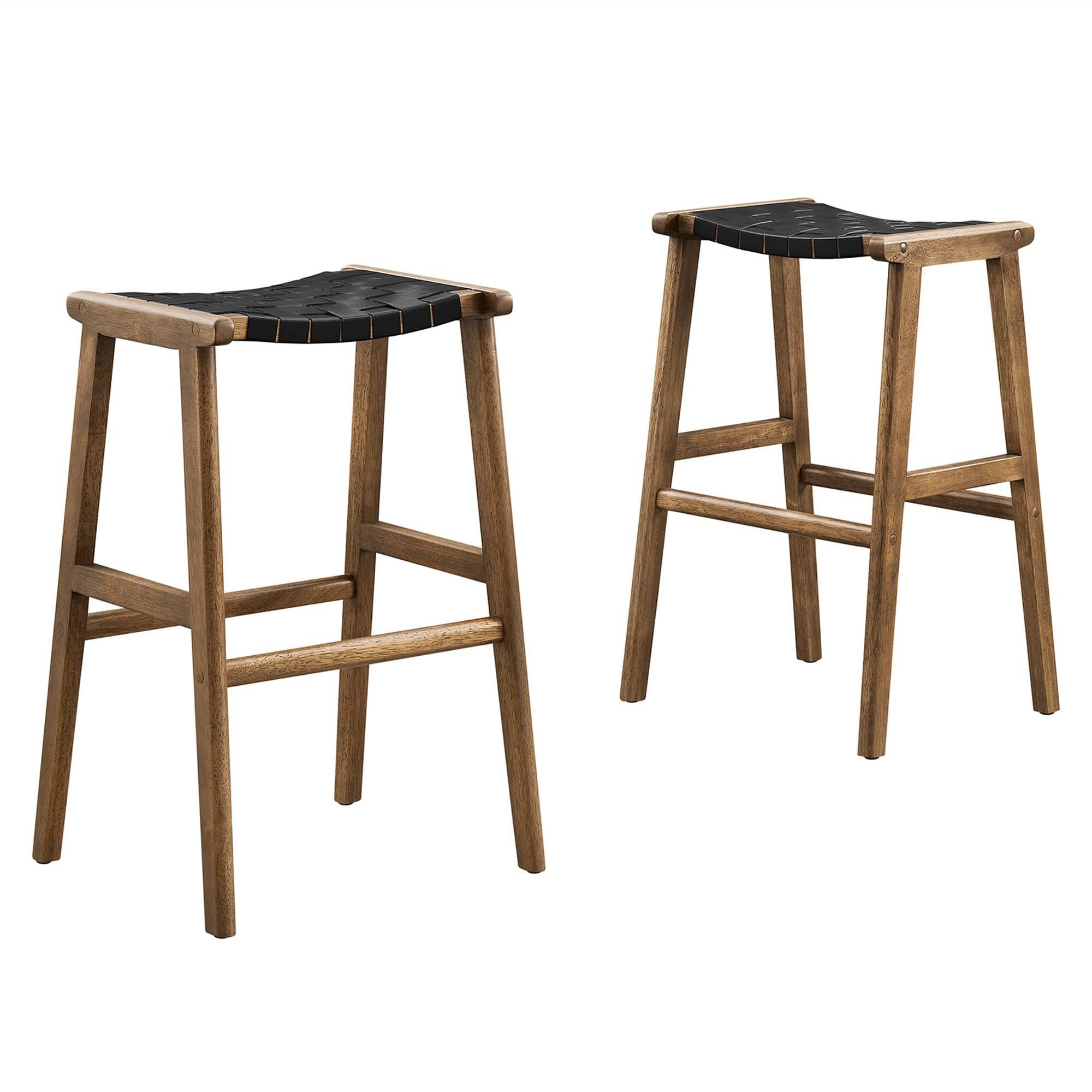 Angle. Modway - Saoirse Leather Wood Bar Stool Set of 2 by Modway - Walnut Black.