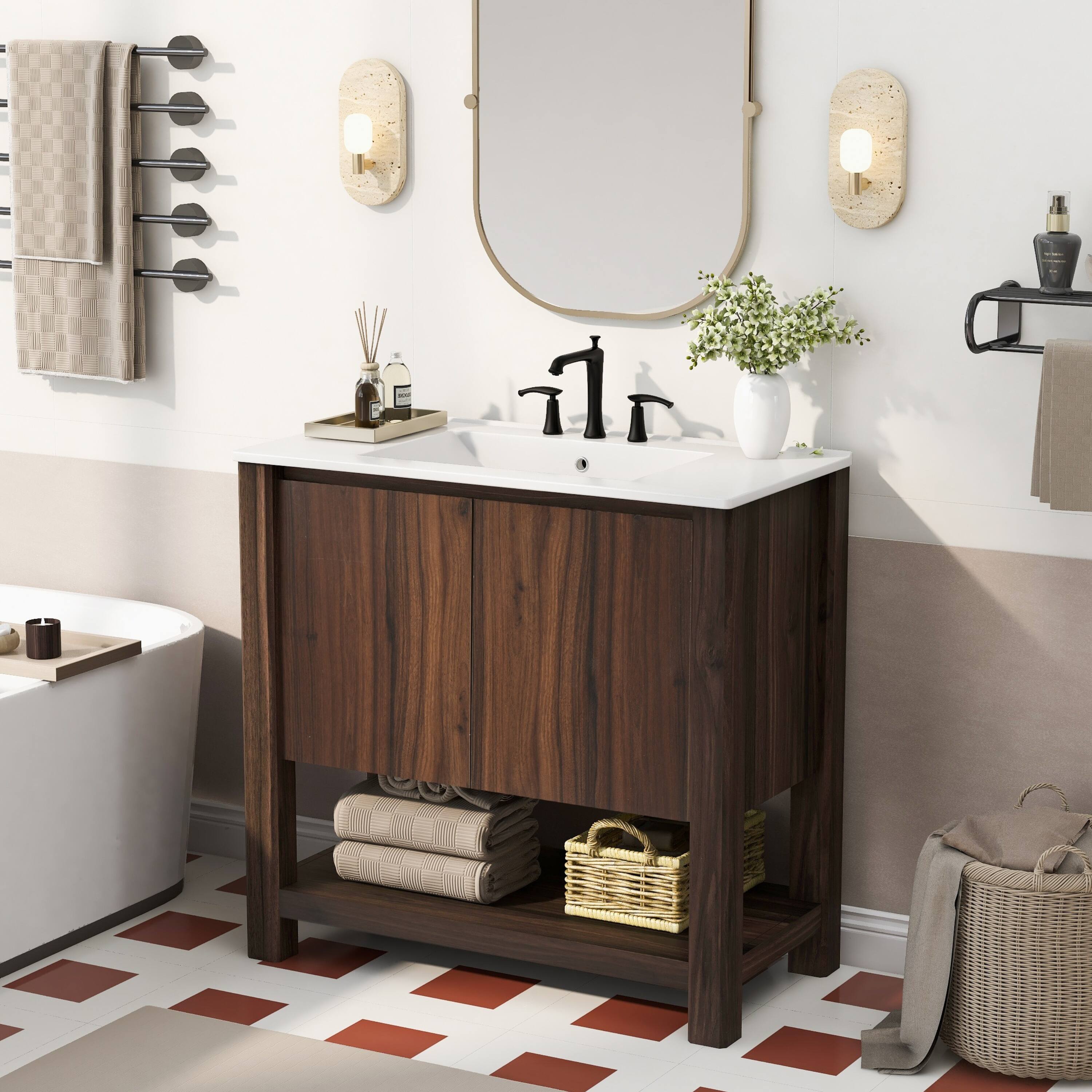 Alt View 6. Loheer - Modern 2.96 ft Bathroom Vanity with Ceramic Sink and Open Shelf - Antique brown.