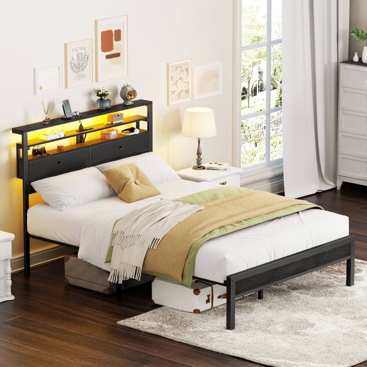 Left. Furnulem - Bed Frame With RGB Led Lights Bed With Headboard Charging Station Black Oack - Black.