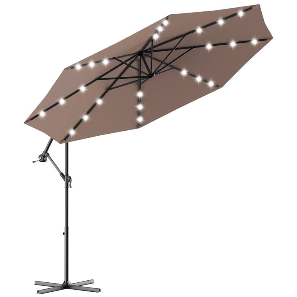 Alt View 5. Kadyn - 10 Feet Patio Hanging Solar LED Umbrella Sun Shade with Cross Base-Tan, Outdoor Table Umbrella, Yard Umbrella.
