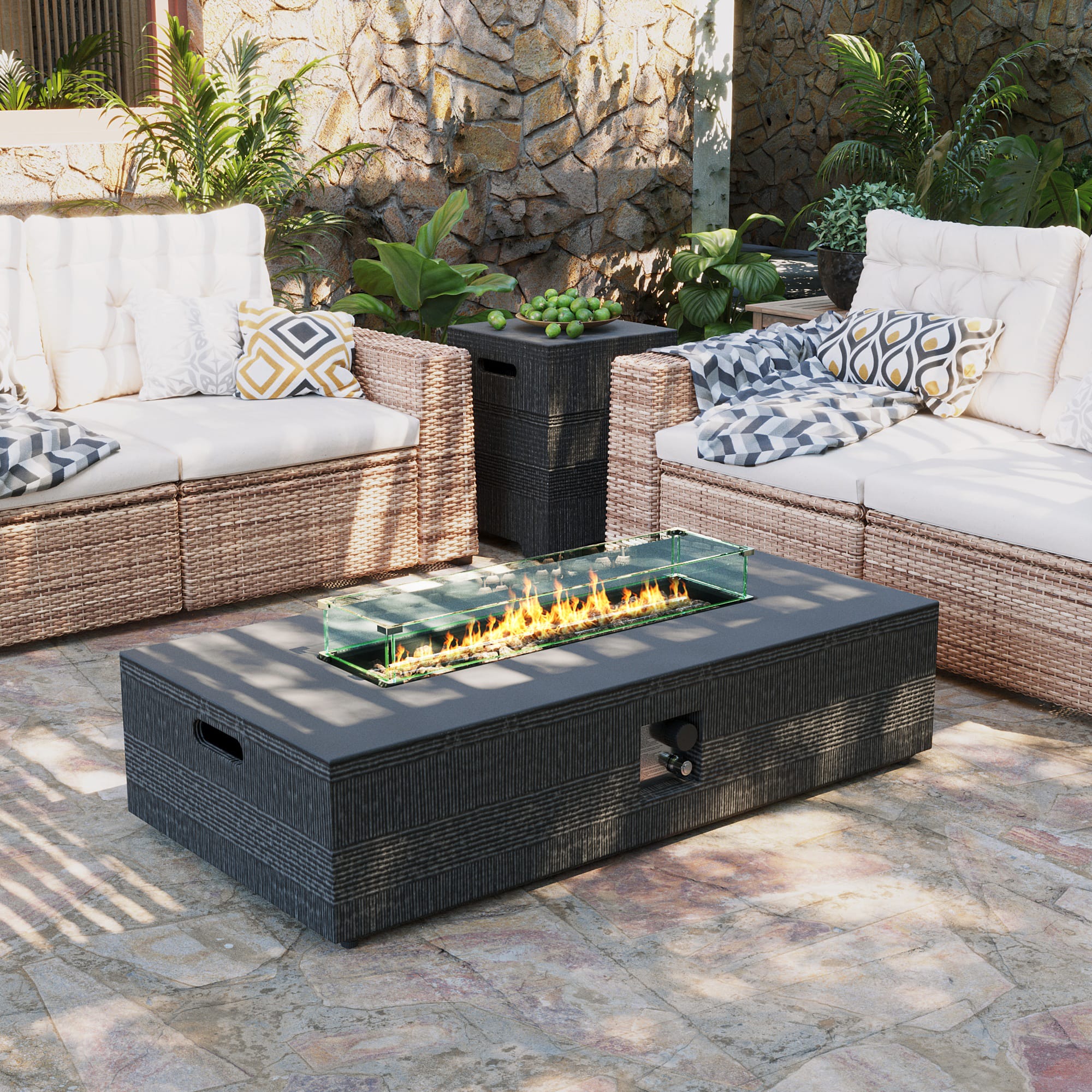 UPHA - 56-inch Outdoor 50000 BTU Propane Gas Fire Pit Table Concrete FirePit with Gas Tank Cover and Glass Wind Guard - Gray