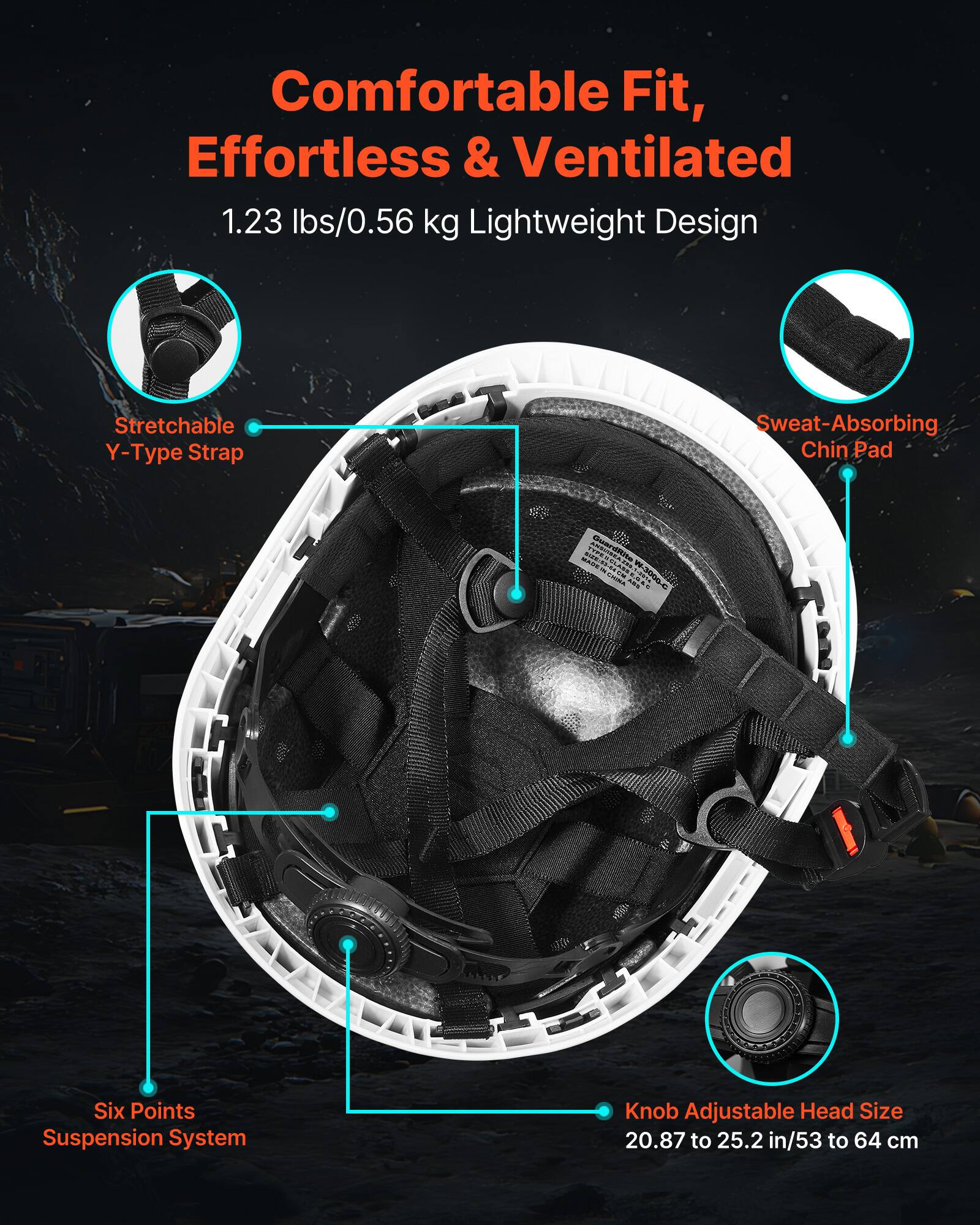 Comfortable Fit, Effortless & Ventilated  
1.23 lbs/0.56 kg Lightweight Design  
Stretchable Y-Type Strap  
Sweat-Absorbing Chin Pad  
Six Points Suspension System  
Knob Adjustable Head Size 20.87 to 25.2 in/53 to 64 cm