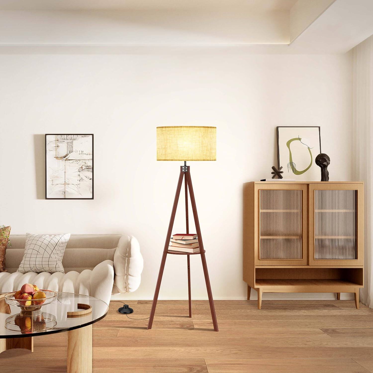 Alt View 3. Lepower - 61" Tripod Floor Lamp with Shelf, E26 Base, Solid Wood Standing Lamp for Living Room, Bedroom & Office - Brown.