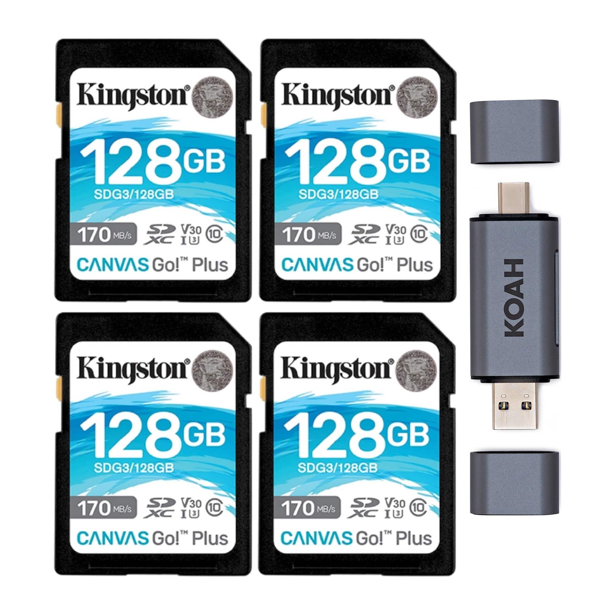 Kingston - 128GB SDXC 170MB/s Read Memory Card (4-Pack) with SD Card Reader