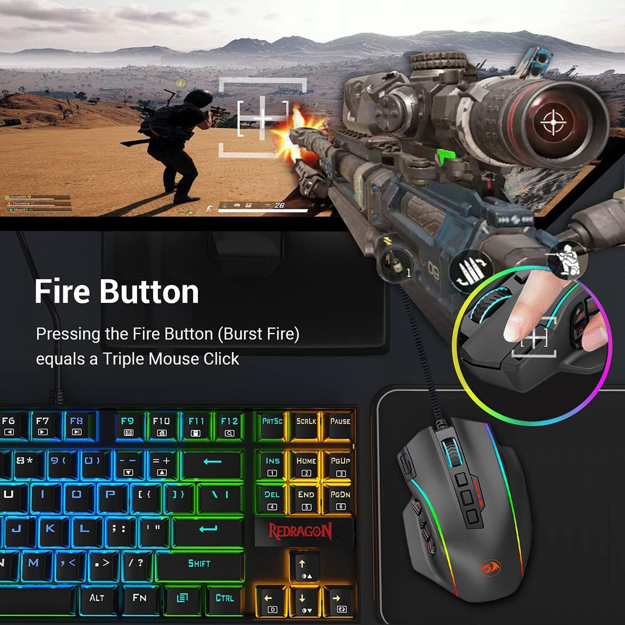 The text on the image is grouped and corrected as follows:

Pressing the Fire Button (Burst Fire) equals a Triple Mouse Click.

The Fire Button is located on the keyboard between the F6 and F7 keys.

The keys on the keyboard are labeled as follows:

* F1 to F10
* F11 to F12
* PGUP and PGDOWN
* HOME, END, PAGE UP, and PAGE DOWN
* DEL and END
* SHIFT, ALT, FN, and CTRL
* C3

The image also features a mouse with a green and red color scheme, which is a Redragon mouse.