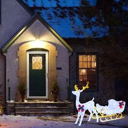 BreeBe - 6ft Pre-Lit Christmas Reindeer and Santa Sleigh Decoration with 4 Ground Stakes - White