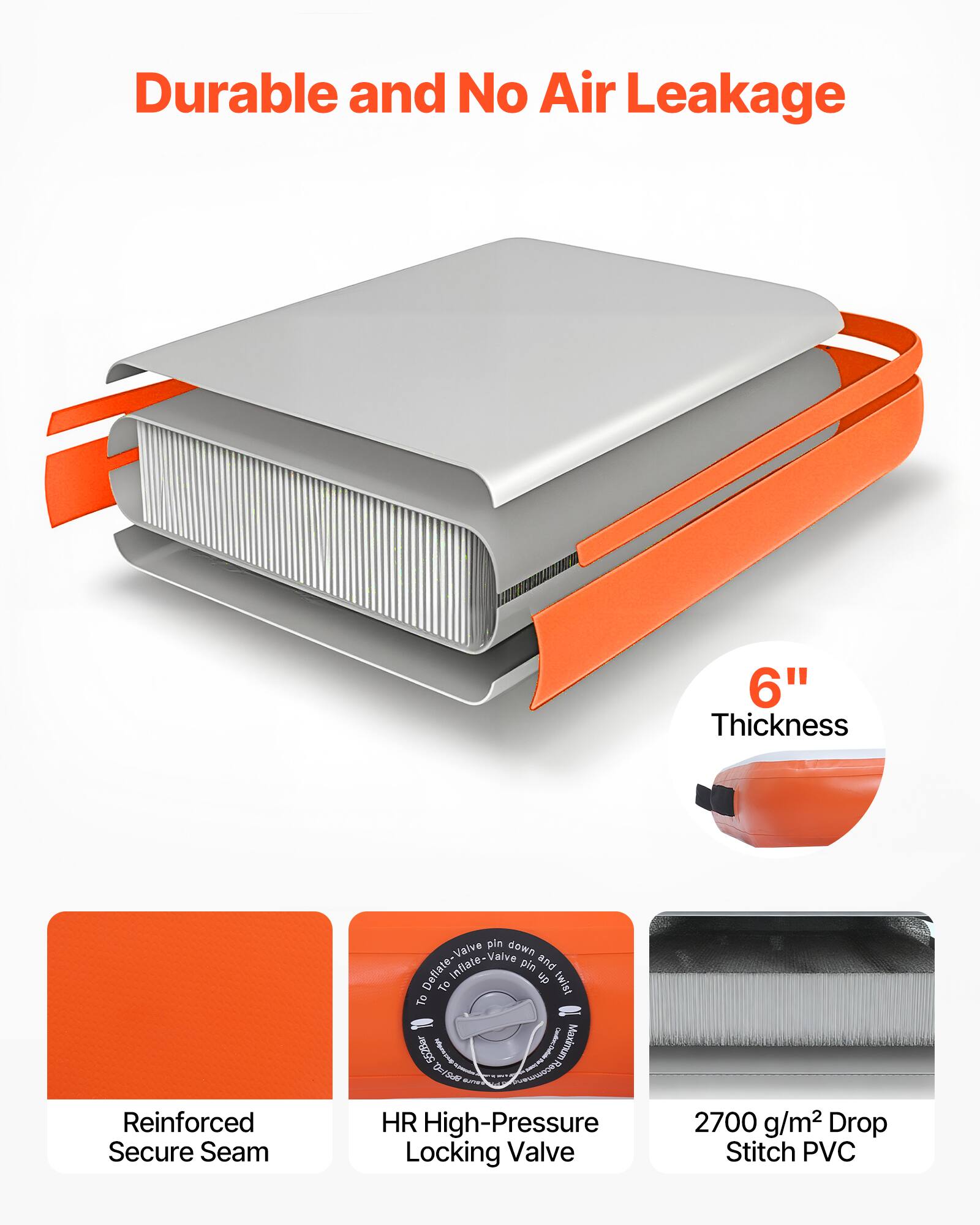 Durable and No Air Leakage

6" Thickness

Reinforced Secure Seam

Valve pin down Inflate-Valve and Dellate- pin up twist

To To 552Bar

Maximum Desu esoorand

HR High-Pressure Locking Valve

2700 g/m2 Drop Stitch PVC