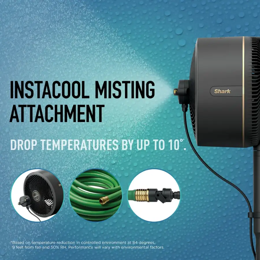 The text on the image is grouped and corrected as follows:

"InstaCool Misting Attachment Shark Drop Temperatures by Up to 10° Based on temperature reduction in controlled environment at 84°, 9 feet from fan and 50% RH. Performance will vary with environmental factors."