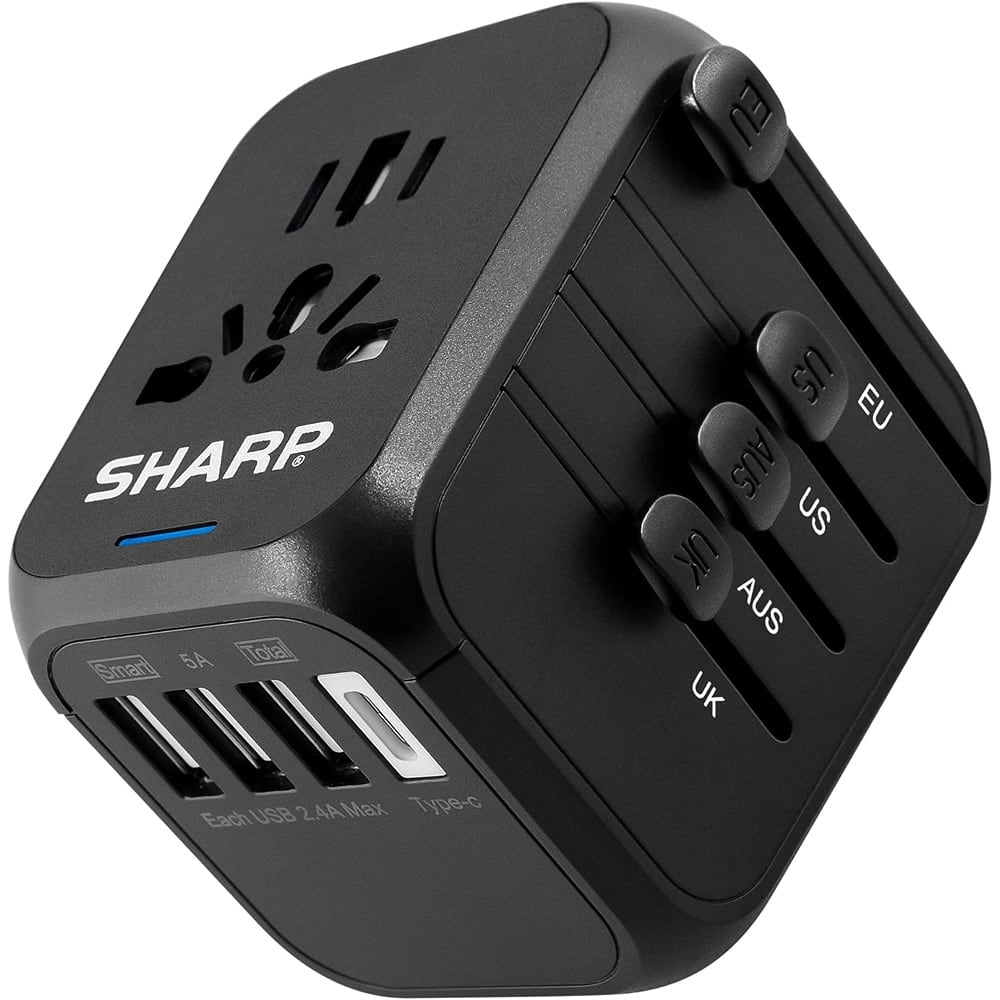 Schertz - Universal Travel Adapter w/ 3 USB-A & 1 USB-C – US/EU/UK/AU Plug - Black