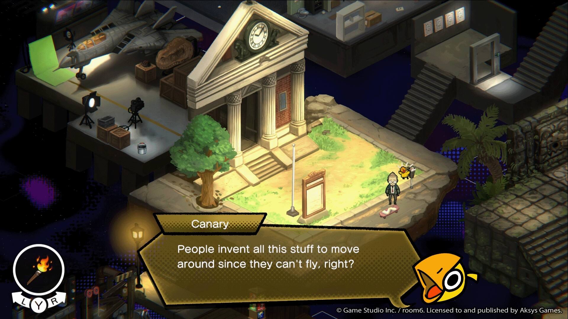 Canary  
People invent all this stuff to move around since they can't fly, right?  

L  
Y  
R  

Game Studio Inc. / room6. Licensed to and published by Aksys Games.