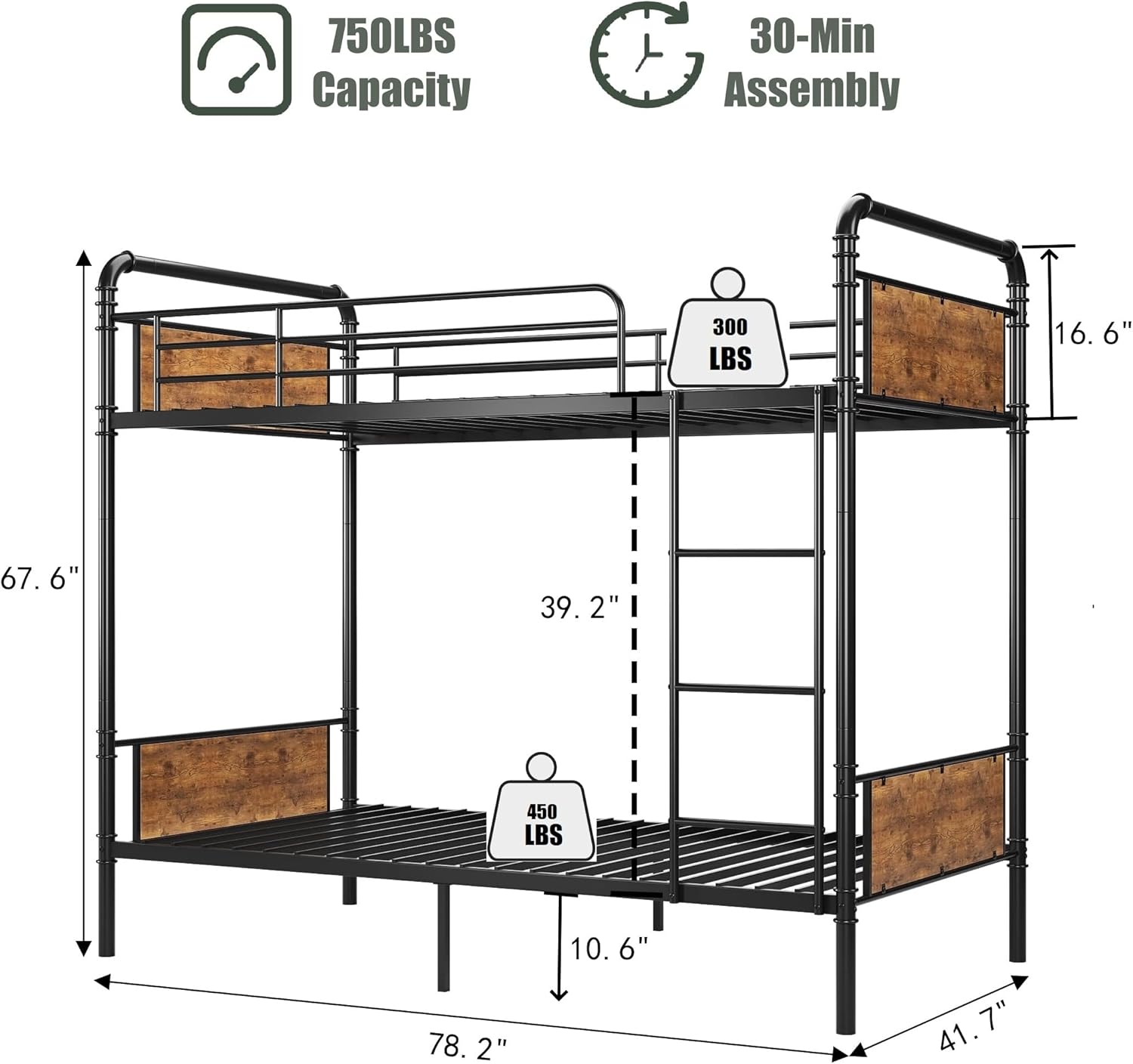 750 LBS Capacity  
30-Min Assembly  

300 LBS  
16.6"  
67.6"  
39.2"  

450 LBS  
78.2"  
10.6"  
41.7"