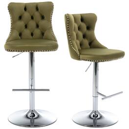 HTUTWOO - Adjustable Bar Stools Set of 2, Velvet Swivel Counter Height Chairs with Footrest, Chrome Nailhead for Kitchen, Pub - Olive Green