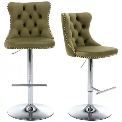 Front. HTUTWOO - Adjustable Bar Stools Set of 2, Velvet Swivel Counter Height Chairs with Footrest, Chrome Nailhead for Kitchen, Pub - Olive Green.