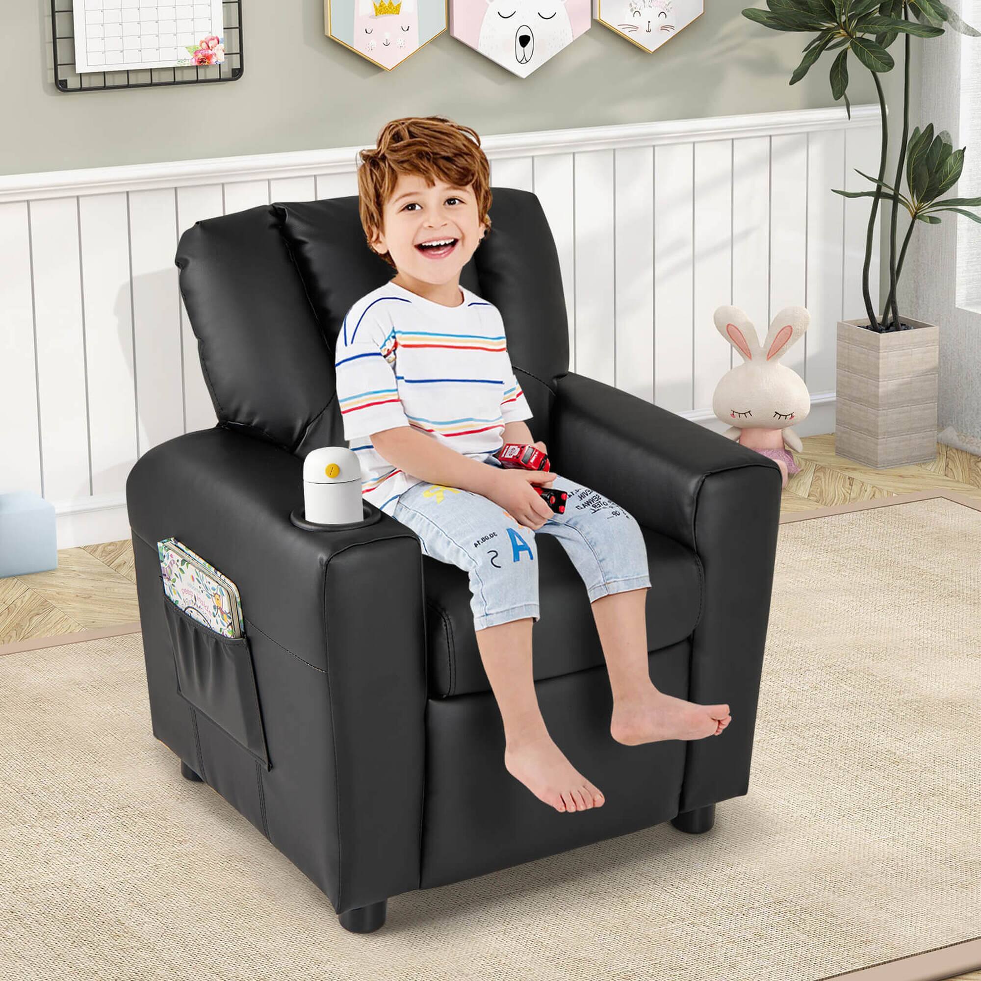 Alt View 3. Costway - Costway Kids Recliner Chair with Cup Holder & Side Pocket Adjustable Backrest Footrest - Black.