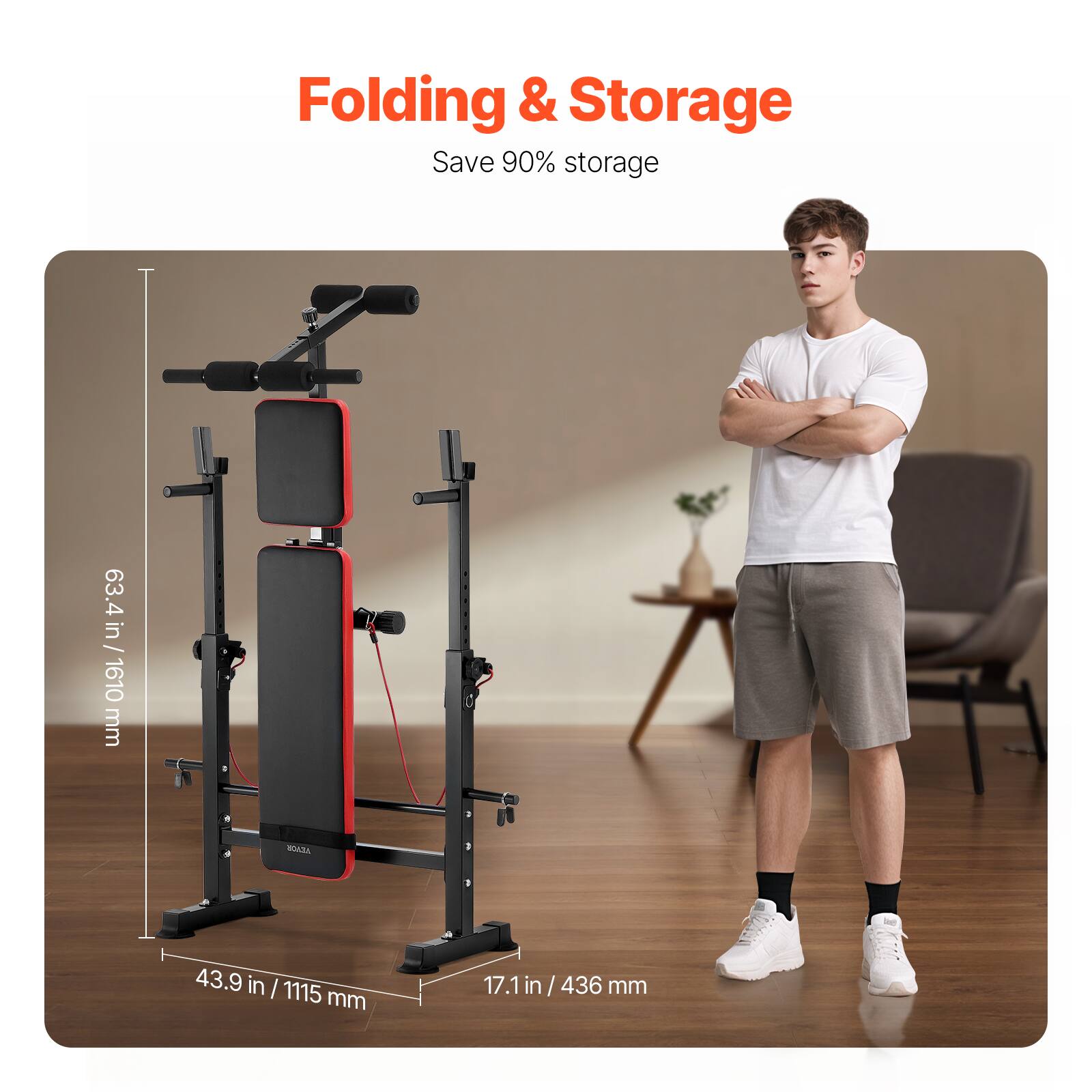 Folding & Storage  
Save 90% storage  

63.4 in / 1610 mm  
43.9 in / 1115 mm  
17.1 in / 436 mm