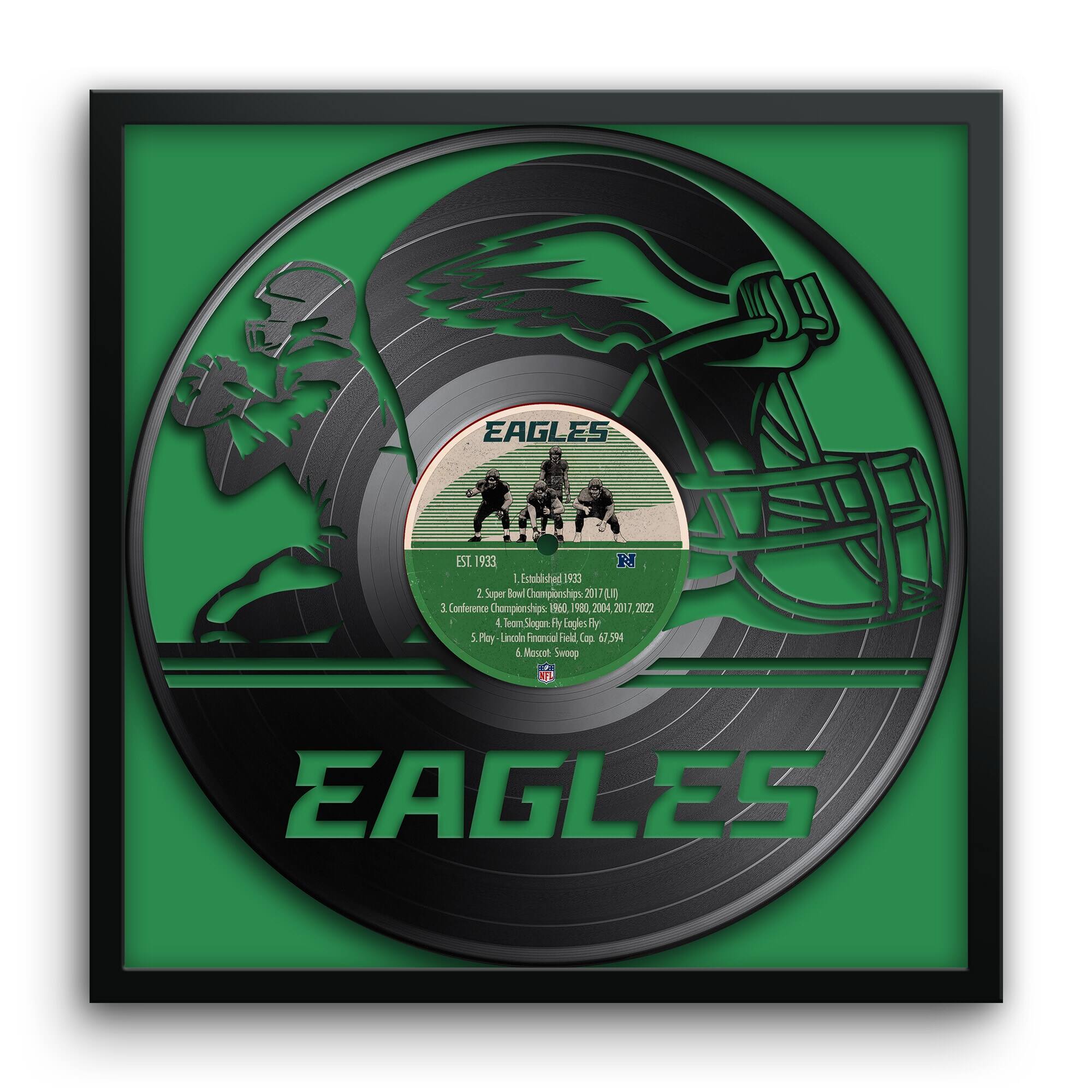 EAGLES  
EST. 1933  
Established 1930  
2 Super Bowl Championships: 1960, 2017  
3 Conference Championships: 1948, 1949, 1950, 2004, 2017, 2022  
4 Team Slogan: "Fly Eagles Fly"  
5 Playoffs: Lincoln Financial Field, 67,594  
6 Mascot: Swoop  
7 Slogan: "Fly Eagles Fly"