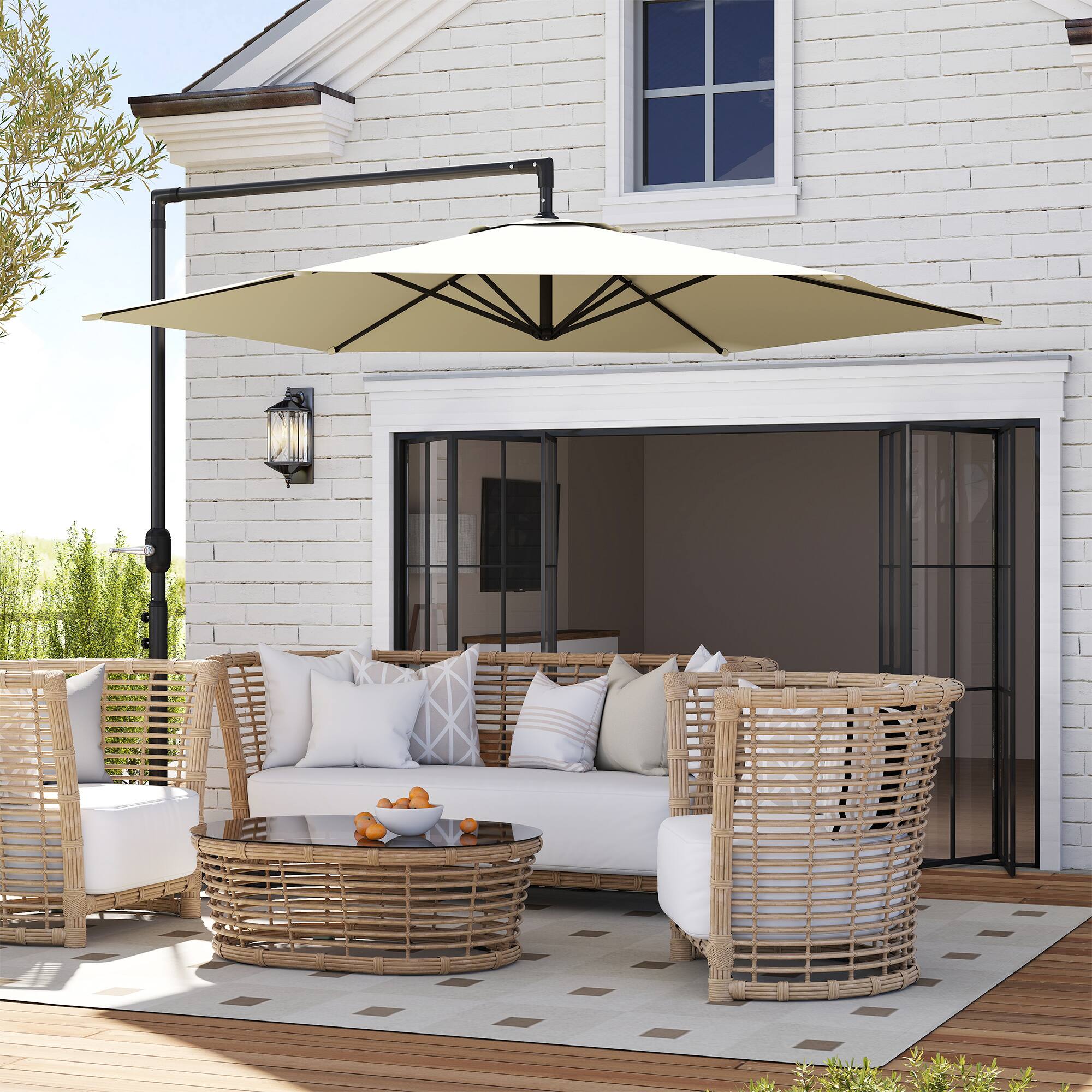 Alt View 1. Outsunny - 9.5FT Offset Patio Umbrella with Crank, Cross Base and Air Vent, Round Hanging Cantilever Umbrella - Beige.