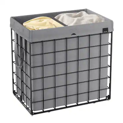 Front. Songmics Home - Laundry Hamper, 34.3 Gal. (130L) Laundry Basket, Collapsible, Removable and Washable Liner, Metal Wire Frame - Black and Gray.