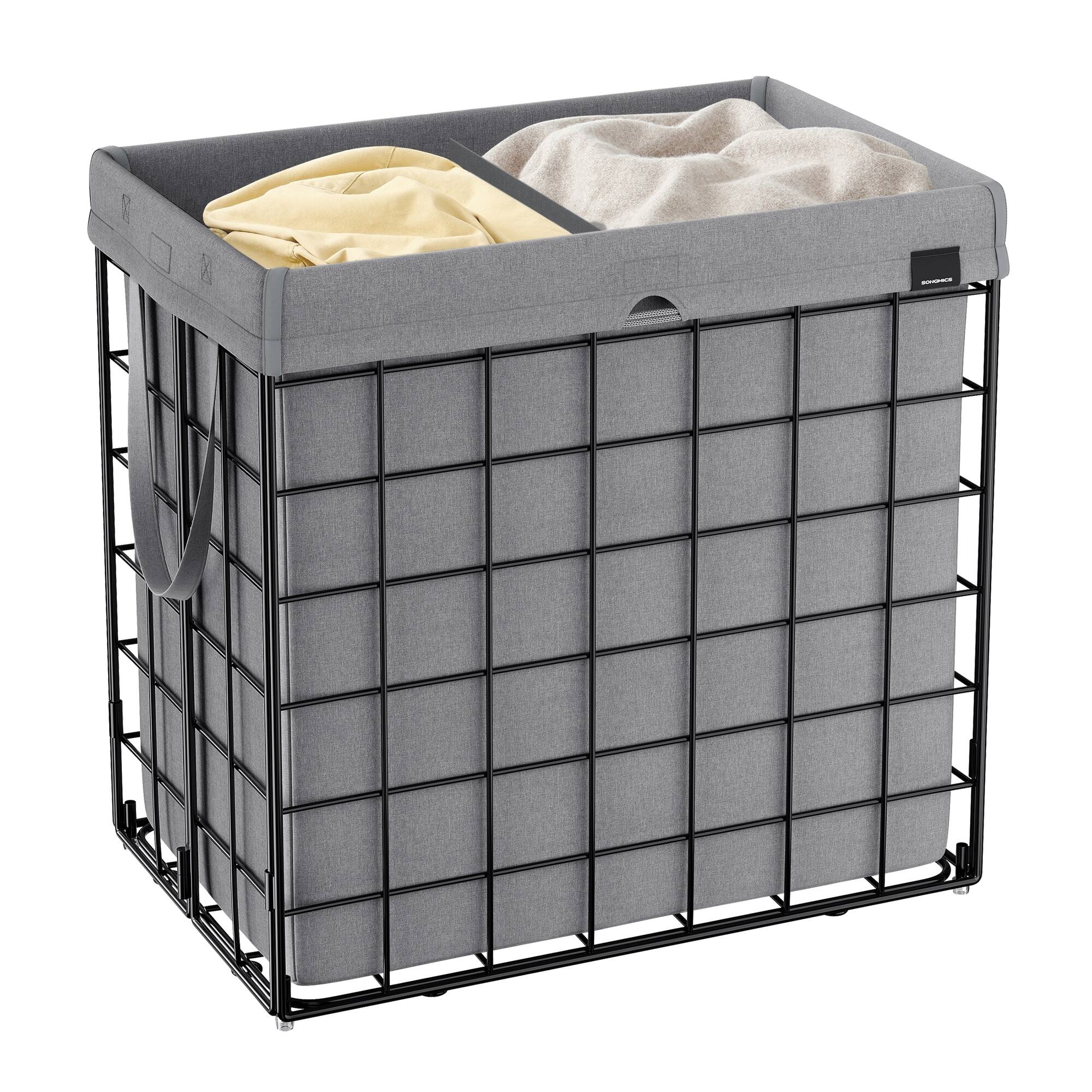 Front. Songmics Home - Laundry Hamper, 34.3 Gal. (130L) Laundry Basket, Collapsible, Removable and Washable Liner, Metal Wire Frame - Black and Gray.