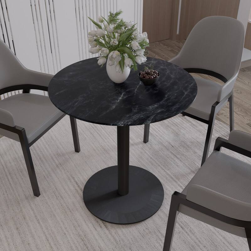 Angle. LeisureMod - Vail 27 Inch Round Dining Table with MDF Top and Black Metal Base, Modern Small Kitchen Bistro Accent Table - Black.