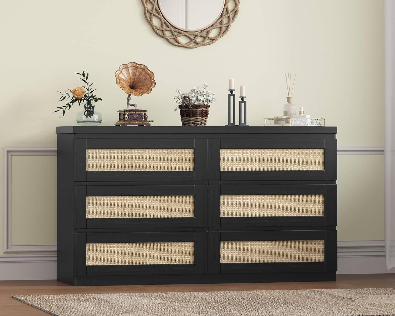 Front. GARVEE - Rattan Dresser for Bedroom with 6 Drawers, 47" Modern Farmhouse Wide Chest of Drawers, Wood Storage Cabinet Organizer - ‎Black.