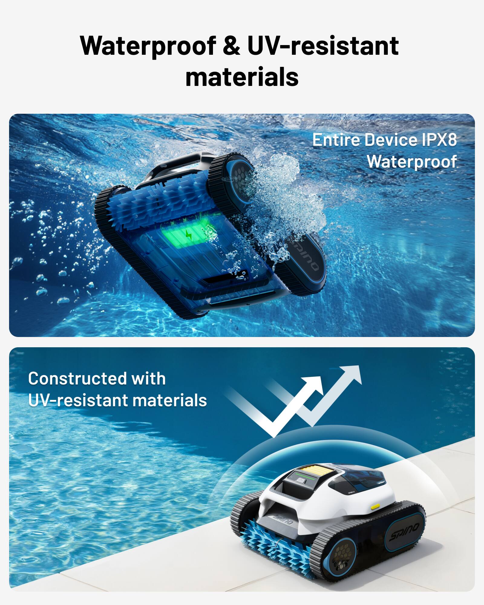 Waterproof & UV-resistant materials

Entire Device IPX8 Waterproof

Constructed with UV-resistant materials