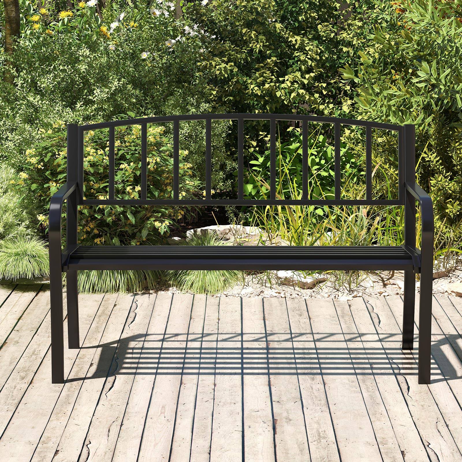 Alt View 3. Gymax - Gymax 50 Inches Garden Bench w/ Slatted Backrest & Curved Armrests for Porch - Black.
