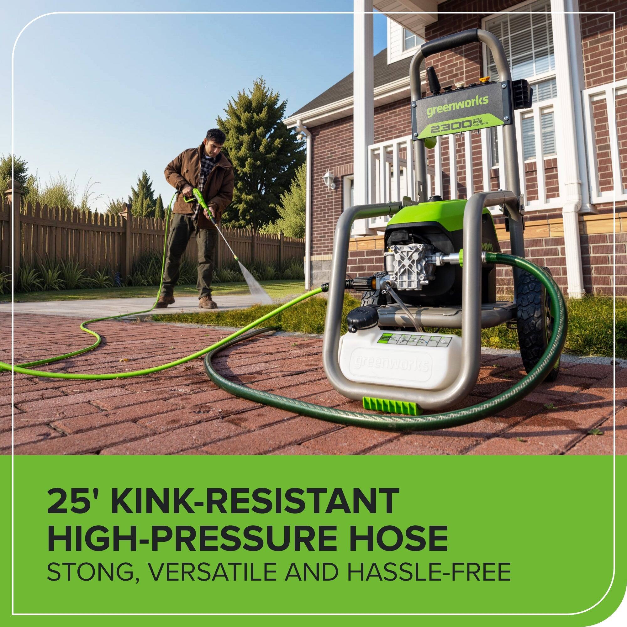 greenworks 25' KINK-RESISTANT HIGH-PRESSURE HOSE STONG, VERSATILE AND HASSLE-FREE