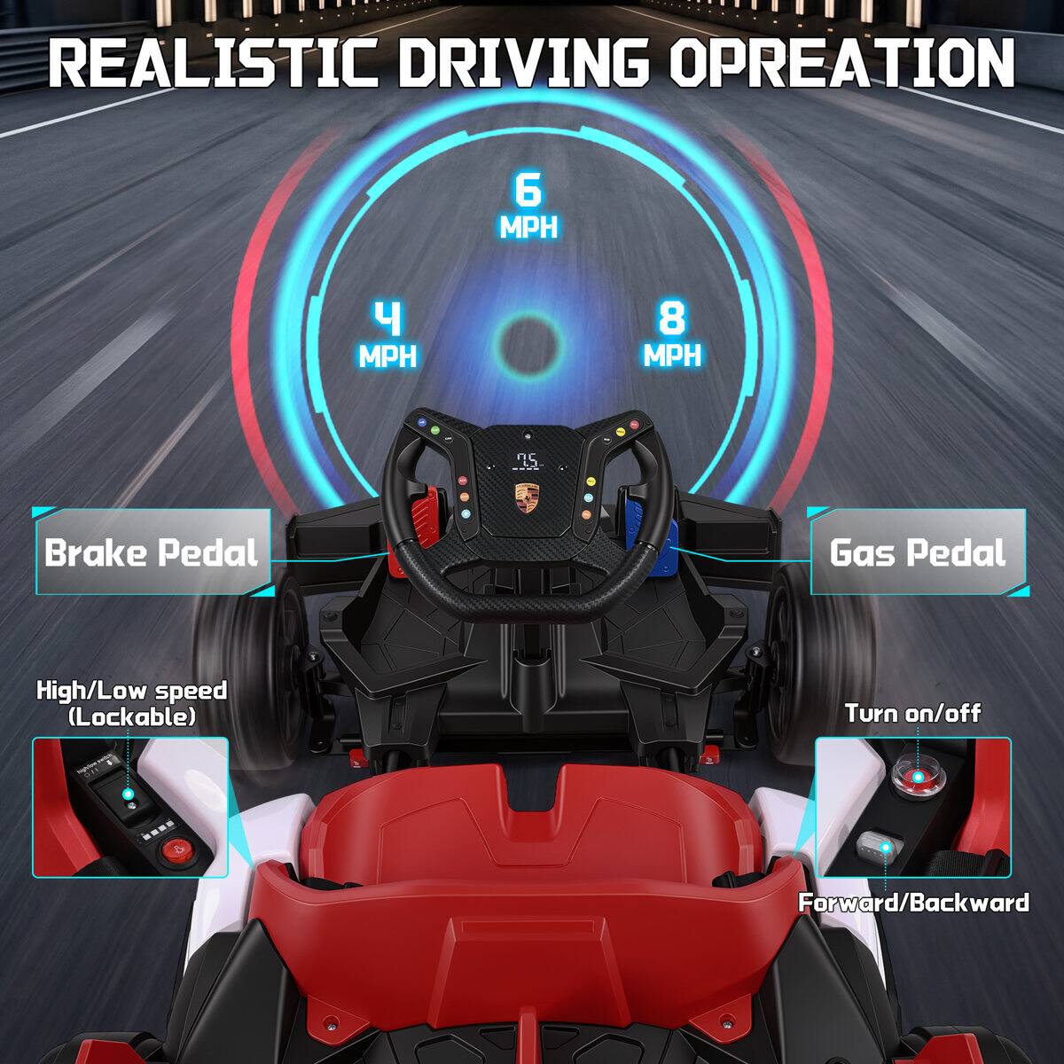 REALISTIC DRIVING OPERATION

6 MPH
4 MPH
8 MPH

Brake Pedal
Gas Pedal
High/Low speed (Lockable)
Turn on/off
Forward/Backward