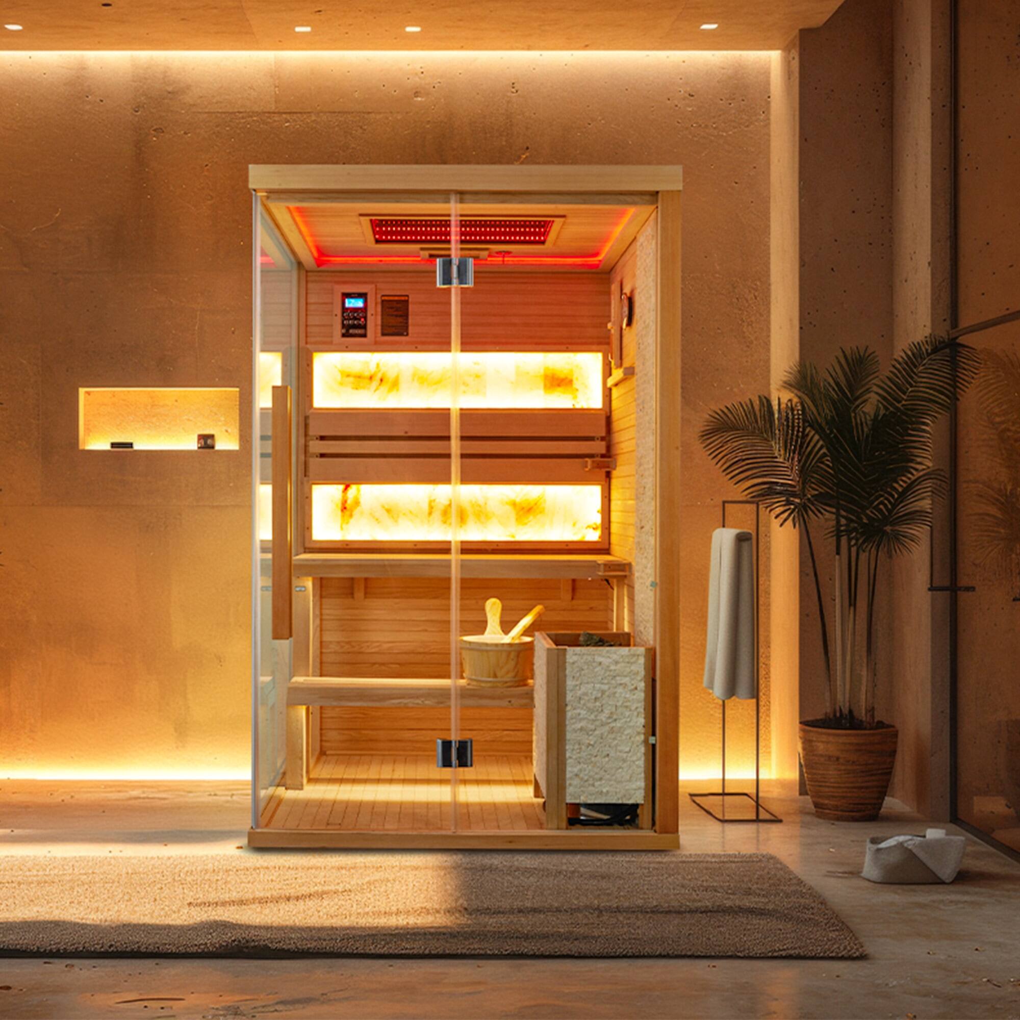 Angle. U-HOMY - U-HOMY 2-Person Steam Sauna - Energy-Efficient with Chromotherapy, 7-Color LED Lighting & Glass Design - Wood Color.