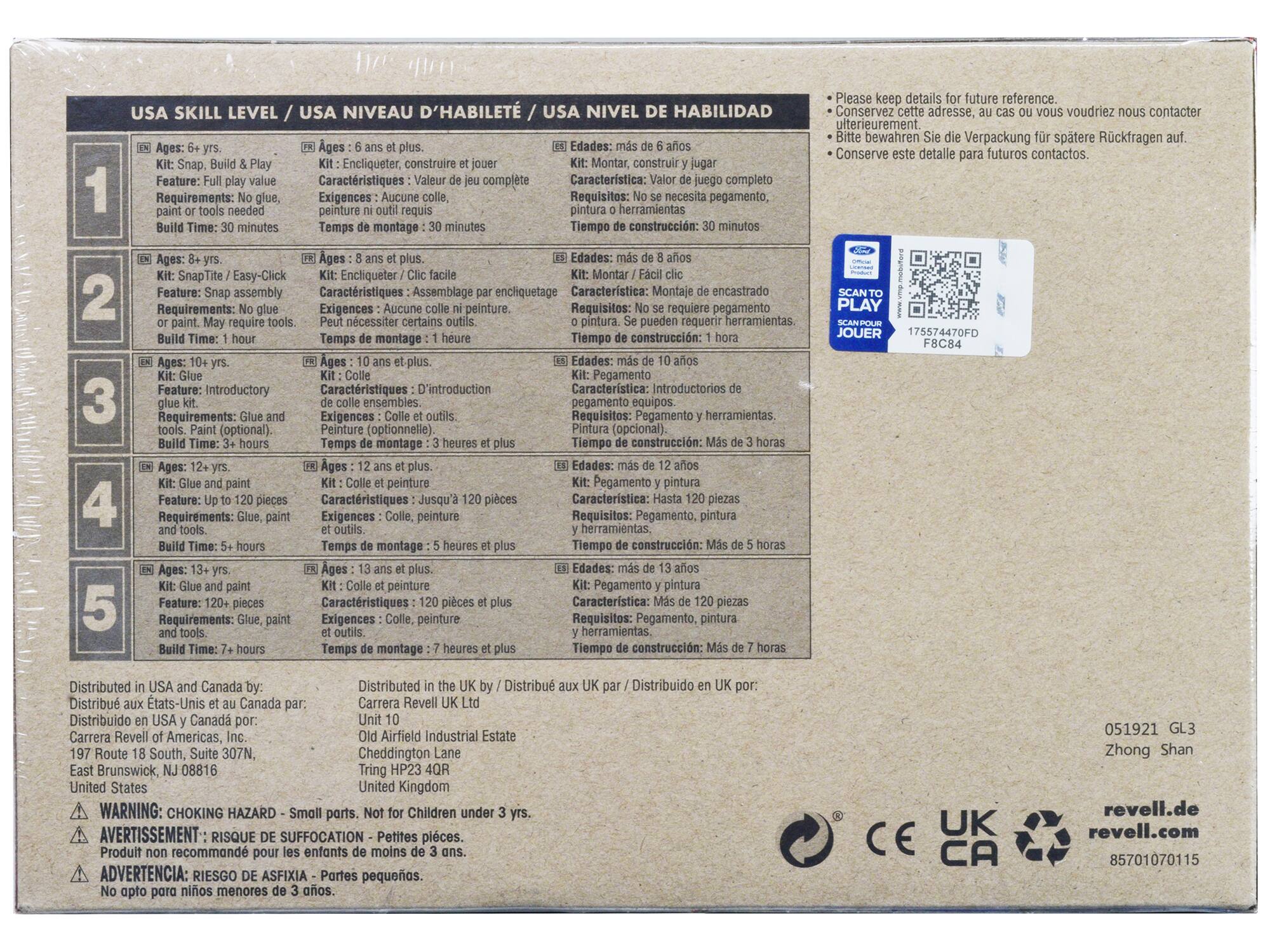 **USA SKILL LEVEL / USA NIVEAU D'HABILITÉ / USA NIVEL DE HABILIDAD**

1. **Ages: 6 yrs.**  
   Kit: Snap, Build & Play  
   Feature: Full play value  
   Requirements: No glue, paint or tools needed  
   Build Time: 30 minutes  
   **FR:** Ages: 6 ans et plus  
   Kit: Encliqueter, construire et jouer  
   Caractéristiques: Valeur de jeu complète  
   Exigences: Aucune colle ni peinture.  
   Temps de montage: 30 minutes  
   **ES:** Edades: más de 6 años  
   Kit: Montar, construir y jugar  
   Características: Valor de juego completo  
   Requisitos: No se necesita pegamento, pintura ni herramientas  
   Tiempo de construcción: 30 minutos  

2. **Ages: 8 yrs.**  
   Kit: Snap-Tite / Easy-Click  
   Feature: Snap assembly  
   Requirements: No glue or paint. May require tools  
   Build Time: 1 hour  
   **FR:** Ages: