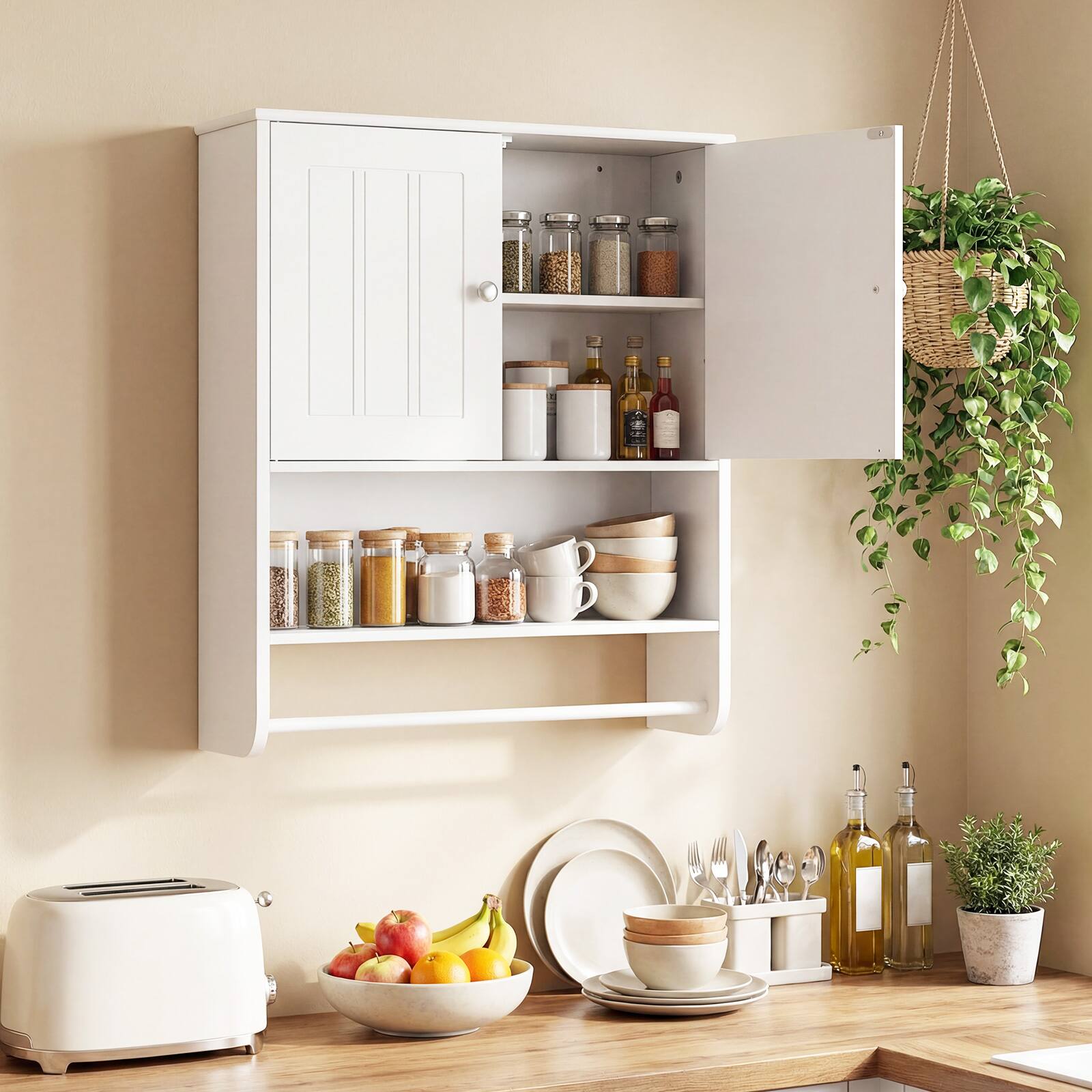 Alt View 5. Gymax - Gymax Bathroom Wall Cabinet Wall Mounted Medicine Cabinet w/ Towel Bar & Shelf - White.