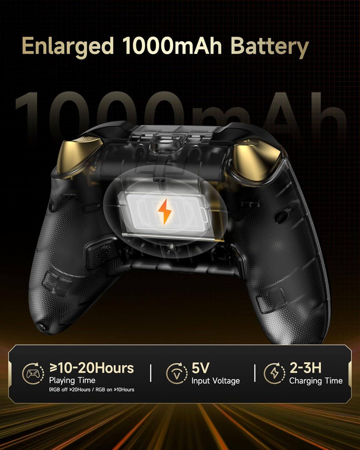 Enlarged 1000mAh Battery

1000mAh

≥10-20Hours Playing Time  
(RGB off ≥20Hours / RGB on ≥10Hours)

5V Input Voltage

2-3H Charging Time