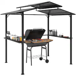 Outsunny - 8' x 5' Hardtop Grill Gazebo with Double Metal Roof, 2 Side Shelves and 4 Cup Holders, Outdoor BBQ Gazebo - Brown
