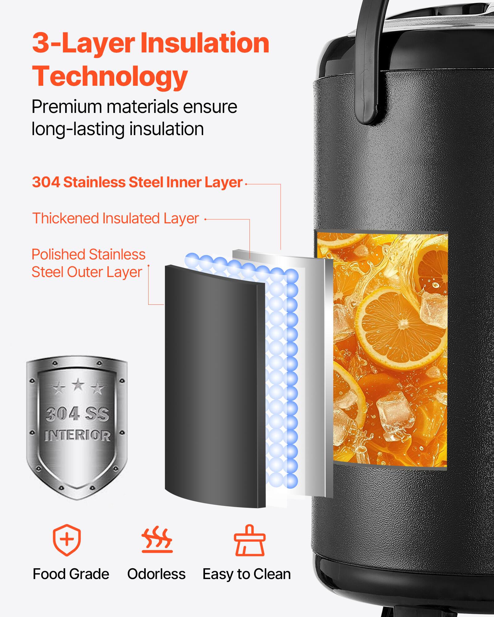3-Layer Insulation Technology  
Premium materials ensure long-lasting insulation  

304 Stainless Steel Inner Layer  
Thickened Insulated Layer  
Polished Stainless Steel Outer Layer  

304 SS INTERIOR  
Food Grade  
Odorless  
Easy to Clean
