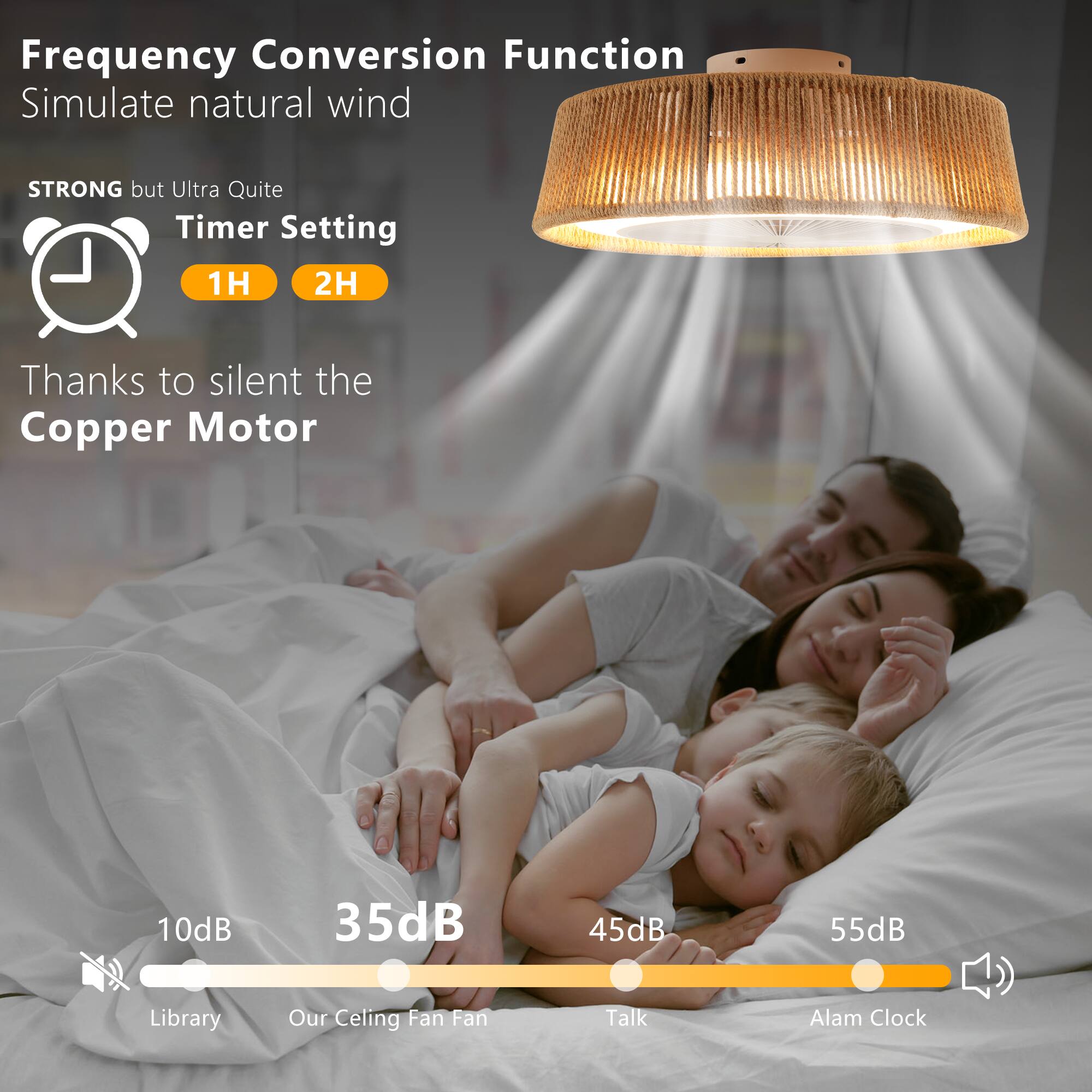 Frequency Conversion Function  
Simulate natural wind  

STRONG but Ultra Quiet  

Timer Setting  
1H 2H  

Thanks to silent the Copper Motor  

10dB  
35dB  
45dB  
55dB  

Library  
Our Ceiling Fan Fan  
Talk  
Alam Clock