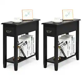 Costway - Set of 2 Nightstand 2 Tier End Bedside Sofa Side Table w/Drawer &Shelf - Black